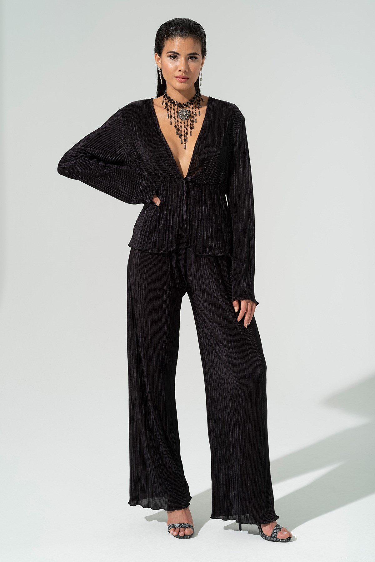 For You Sleepwear/For You Moda For You İn&Out For You İn&Out 2 li Piliseli Siyah Bluz Pantolon Takım 