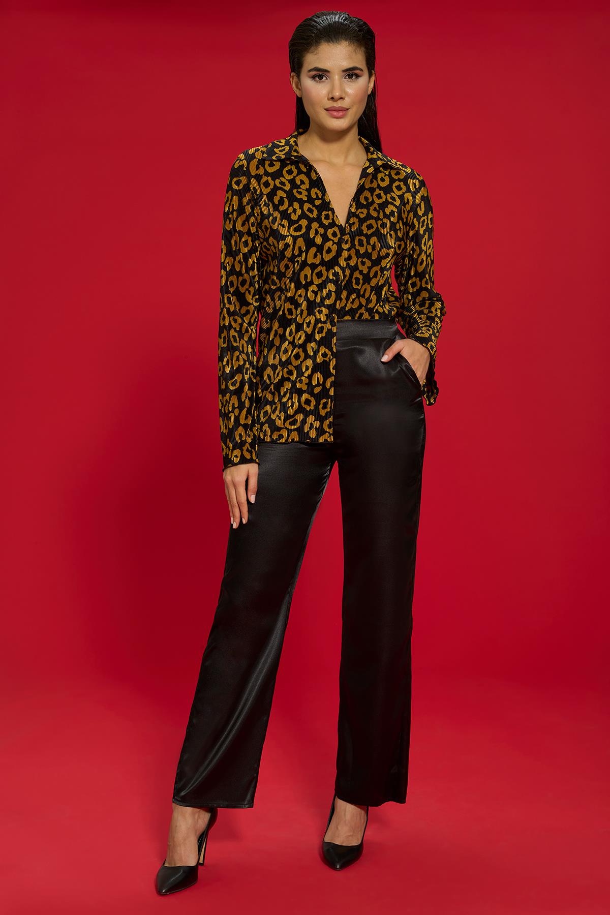 For You Sleepwear Pijama Takımı For You İn&Out For You İn&Out 6 lı Pliseli Leopar Bustiyerli Siyah Pijama Takım 