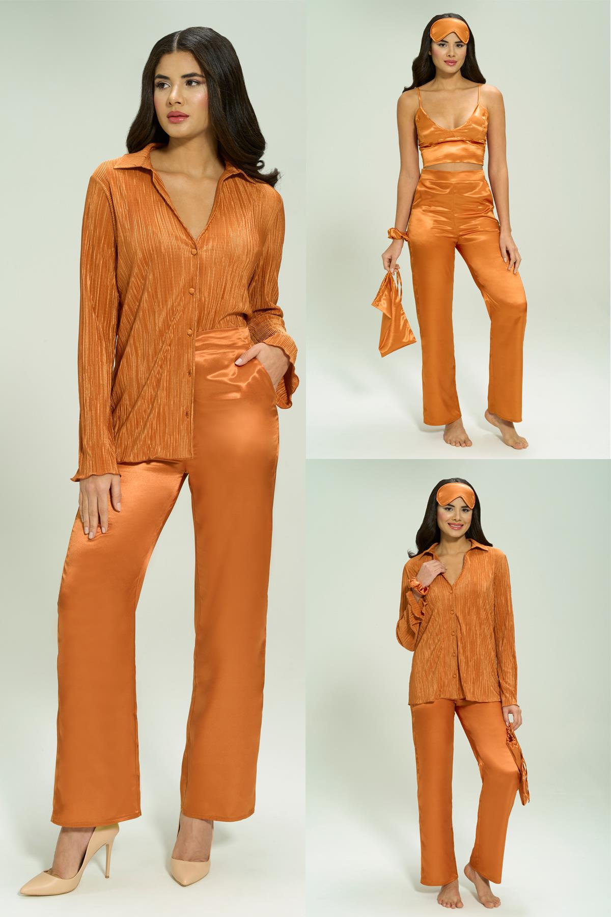 For You Sleepwear Pijama Takımı For You İn&Out For You İn&Out 6 lı Pliseli Kiremit Bustiyerli Pijama Takım 