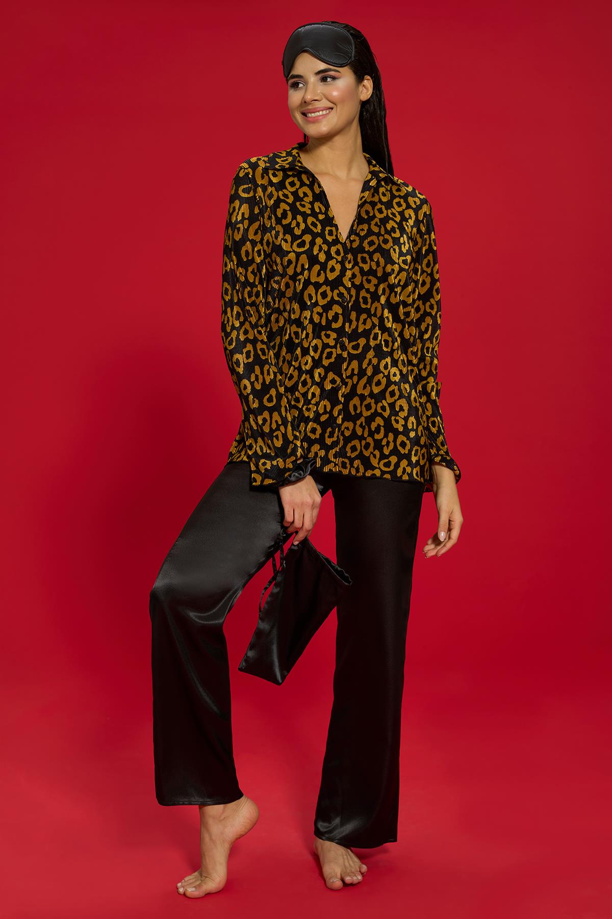 For You Sleepwear Pijama Takımı For You İn&Out For You İn&Out 6 lı Pliseli Leopar Bustiyerli Siyah Pijama Takım 