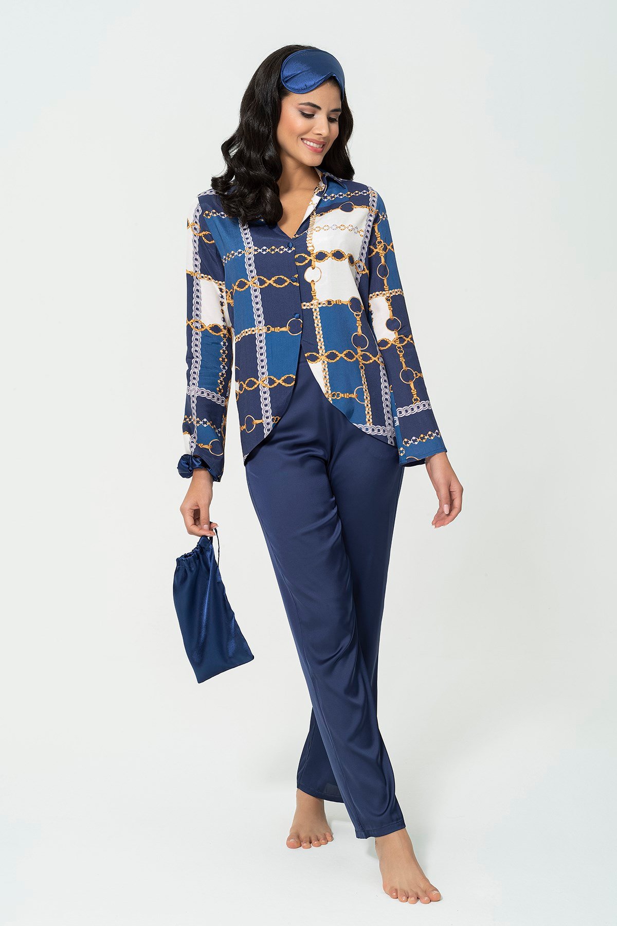 For You Loungewear/For You Moda For You İn&Out For You İn&Out 6 lı Saten Zincir Desen Gömlek Büstiyerli Lacivert Alt Üst Takım