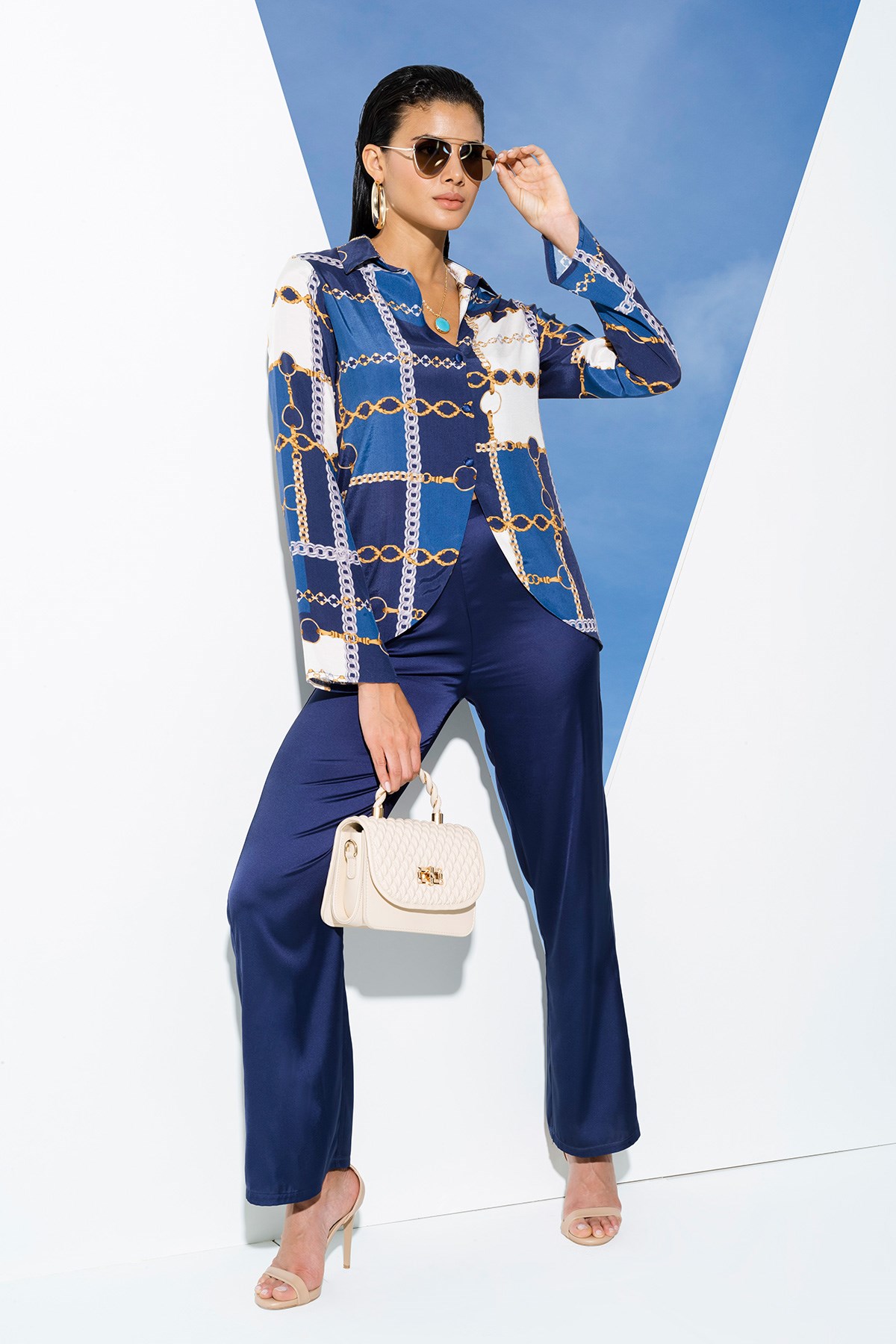 For You Loungewear/For You Moda For You İn&Out For You İn&Out 6 lı Saten Zincir Desen Gömlek Büstiyerli Lacivert Alt Üst Takım