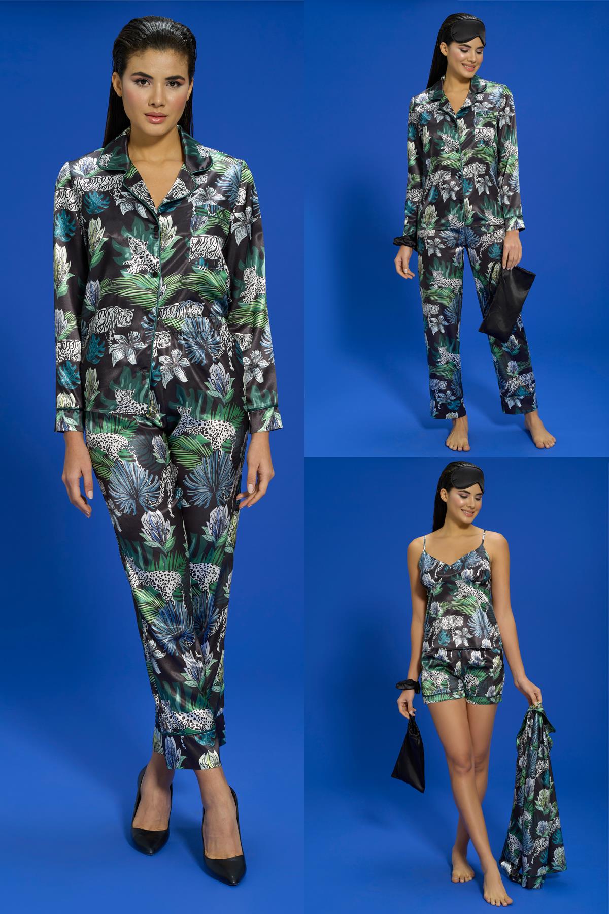 For  You İn&Out Pijama Takımı For You İn&Out For You İn&Out 7 li  Kaplan Yaprak Desenli Yeşil Pijama Takımı