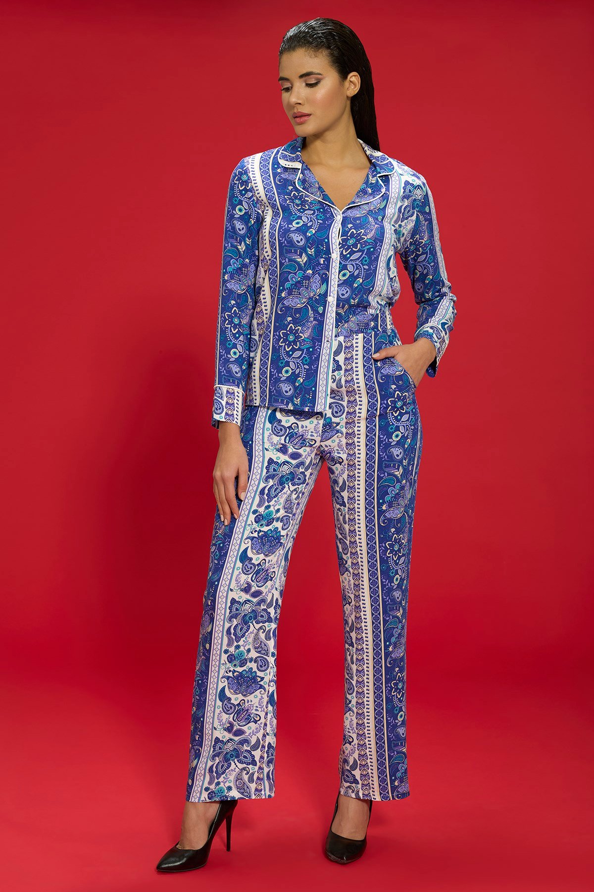 For You İn&Out/Pijama Takımı For You İn&Out For You İn&Out 7 li Viskon Hem İçeride Hem Dışarıda Etnik Desen Mavi Pijama Takımı