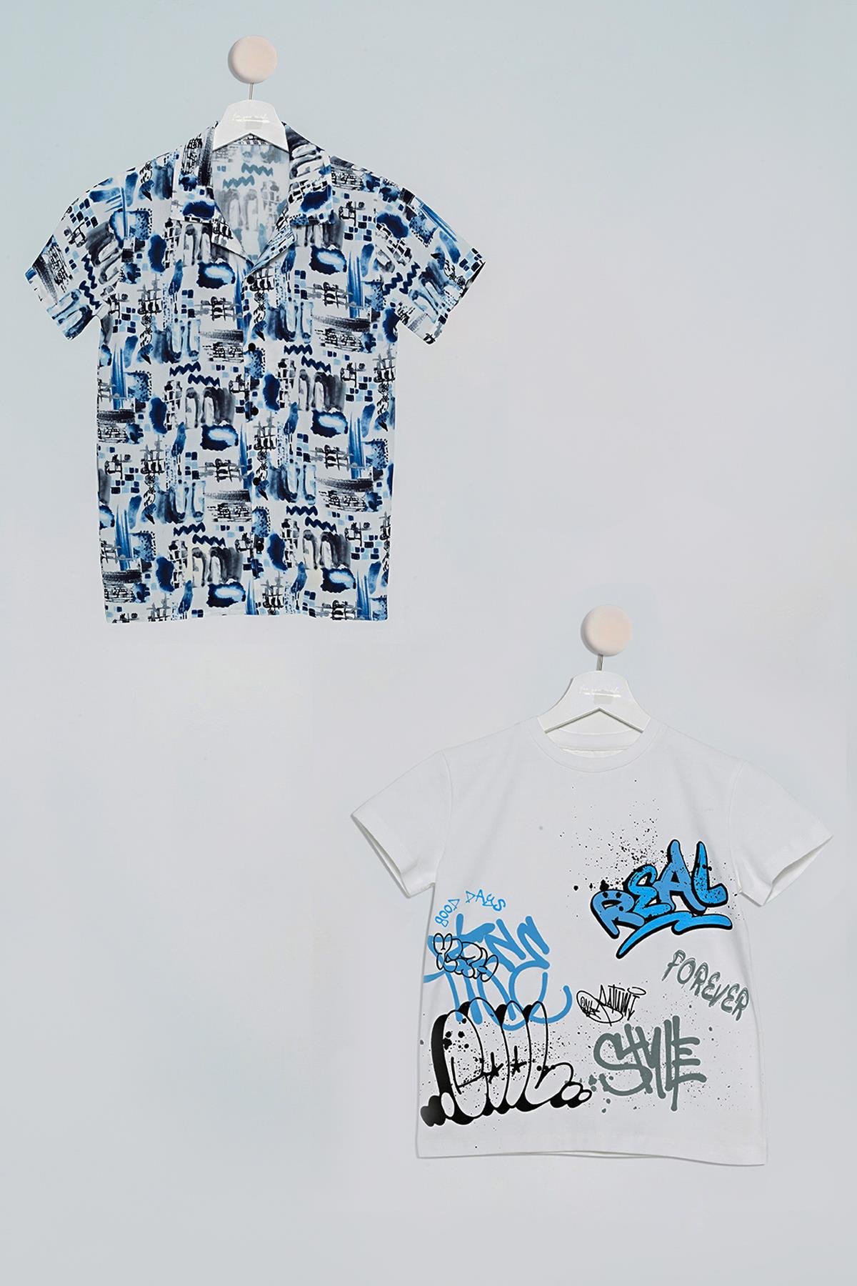 2'li Asimetrik Baskılı Gömlek Tshirt Sax Takım For You Kids 2'li Asimetrik Baskılı Gömlek Tshirt Saks Takım