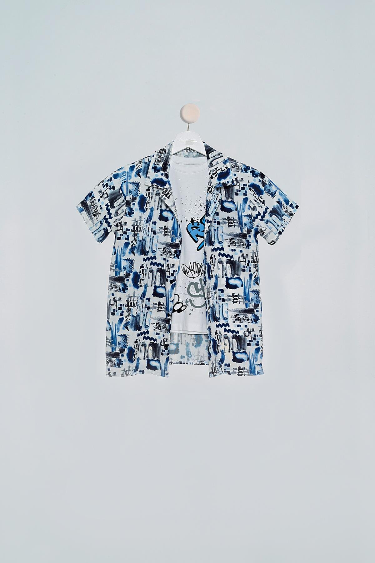 2'li Asimetrik Baskılı Gömlek Tshirt Sax Takım For You Kids 2'li Asimetrik Baskılı Gömlek Tshirt Saks Takım