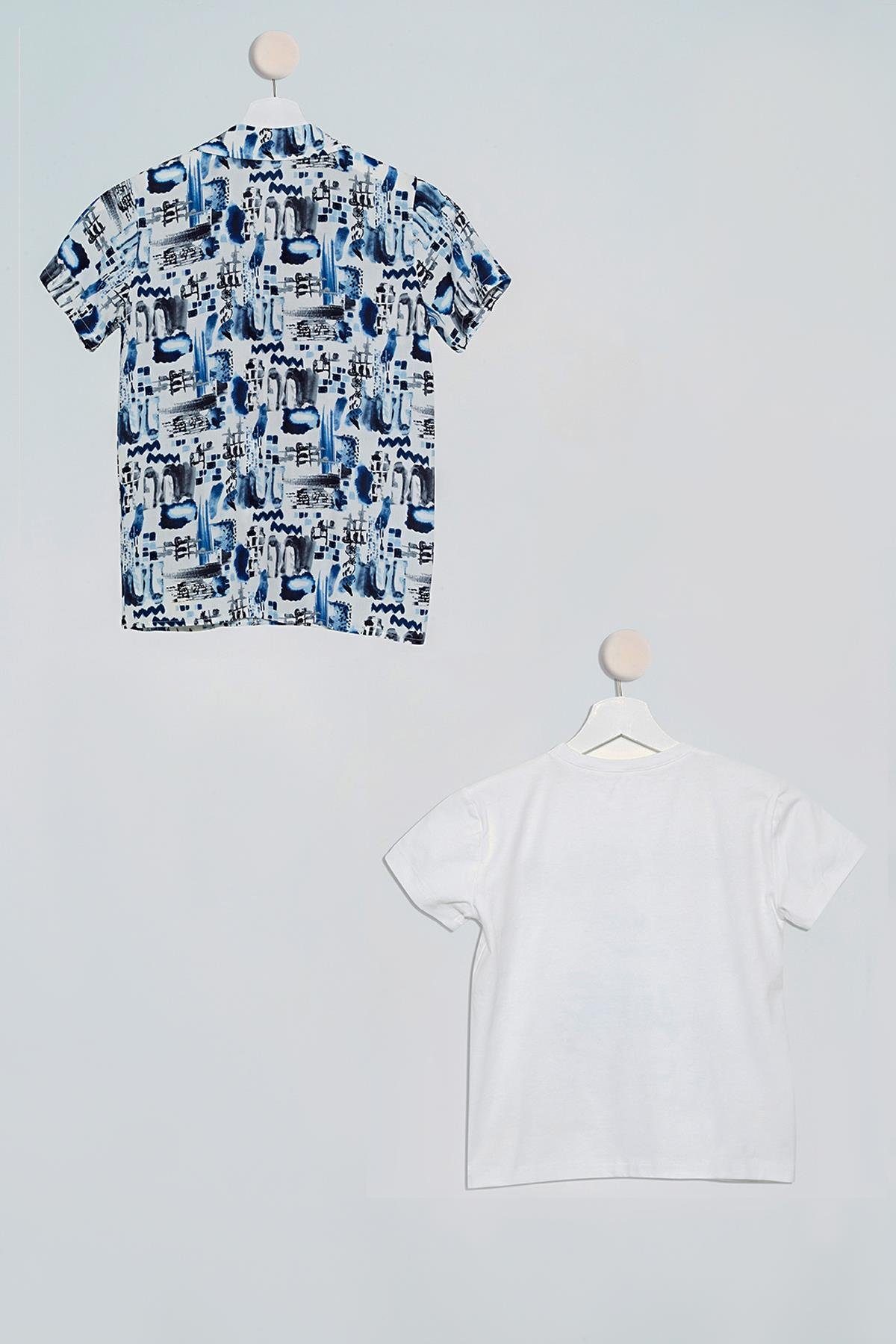 2'li Asimetrik Baskılı Gömlek Tshirt Sax Takım For You Kids 2'li Asimetrik Baskılı Gömlek Tshirt Saks Takım