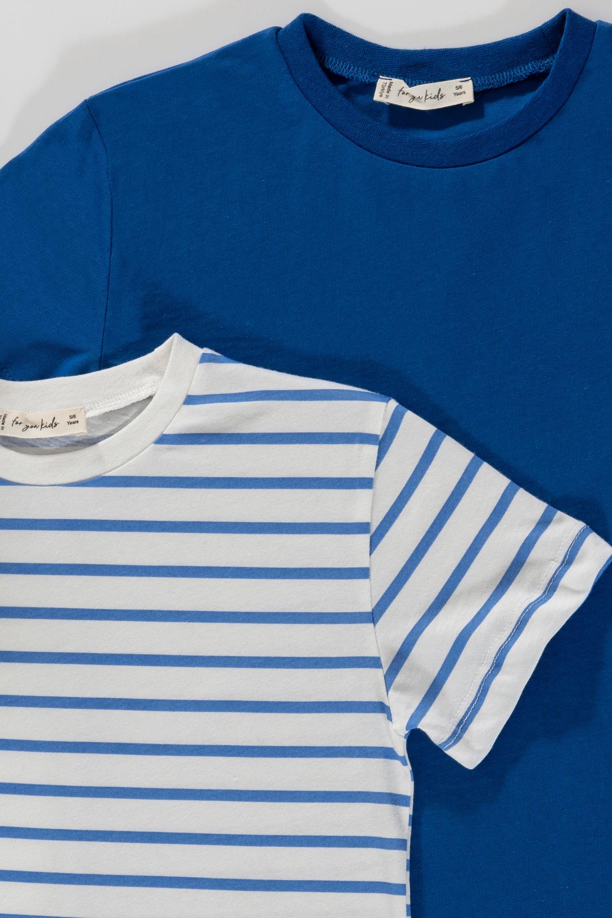 For You Kids 2'li Cizgili Ekru Saks Tshirt For You Kids 2'li Cizgili Ekru Saks Tshirt