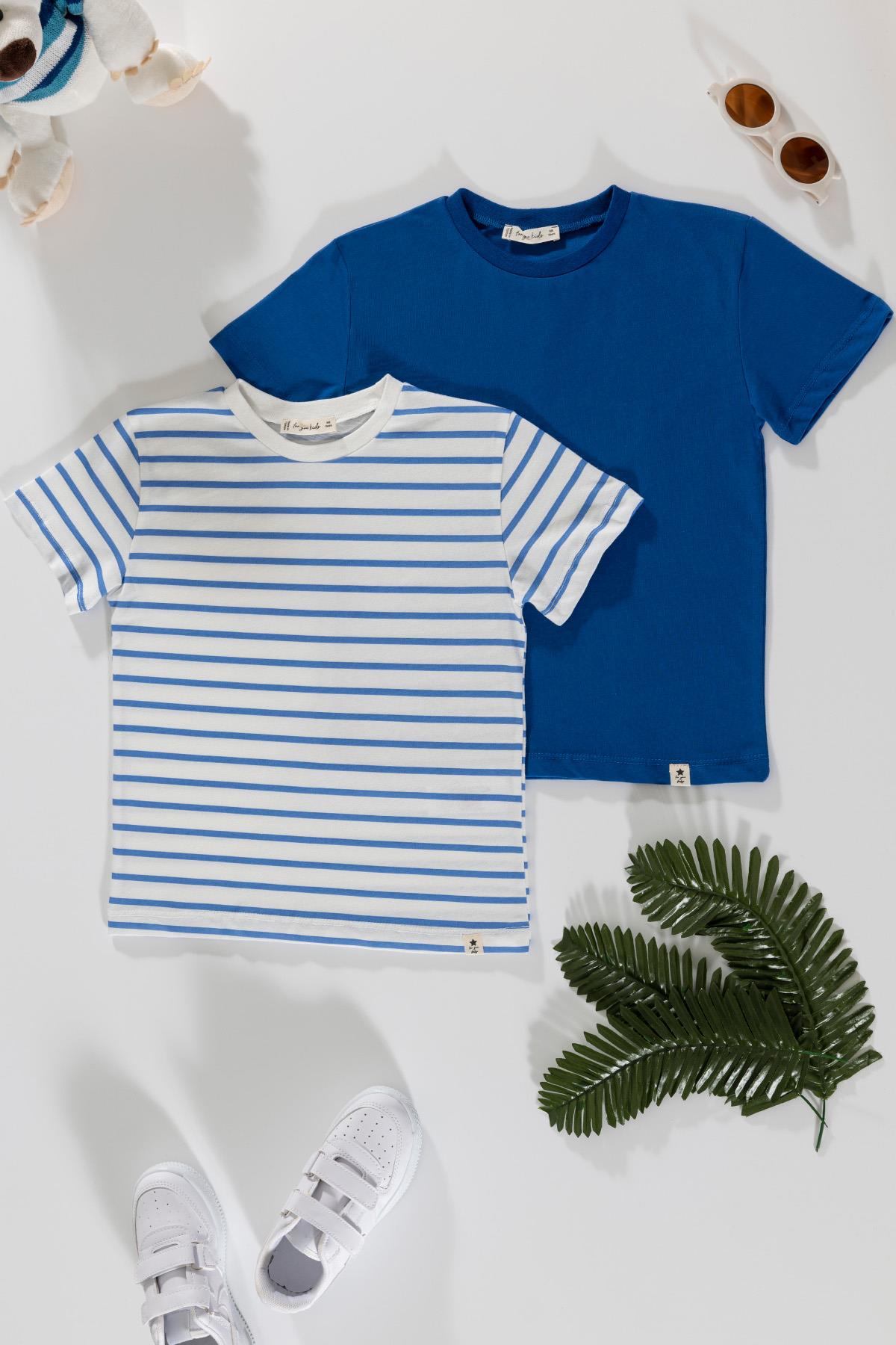 For You Kids 2'li Cizgili Ekru Saks Tshirt For You Kids 2'li Cizgili Ekru Saks Tshirt