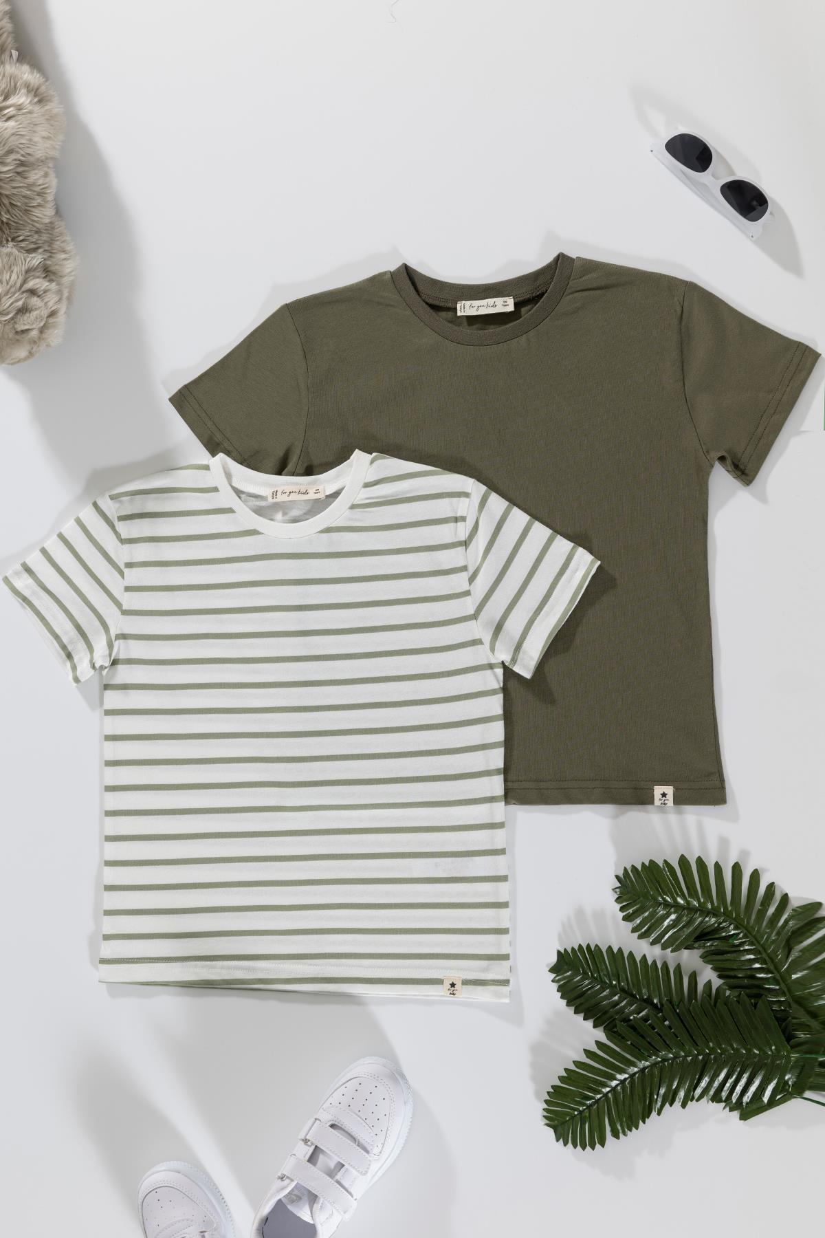 For You Kids 2'li Cizgili Yeşil Tshirt For You Kids 2'li Cizgili Yeşil Beyaz Tshirt