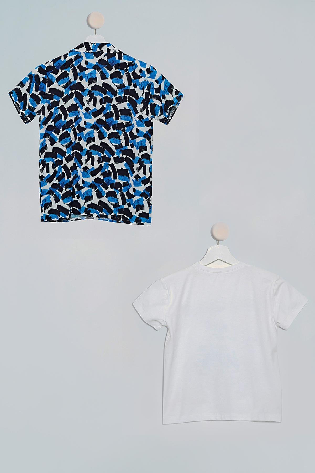 2'li Fırça Baskılı Gömlek Tshirt Sax Takım For You Kids 2'li Fırça Baskılı Gömlek Tshirt Saks Takım