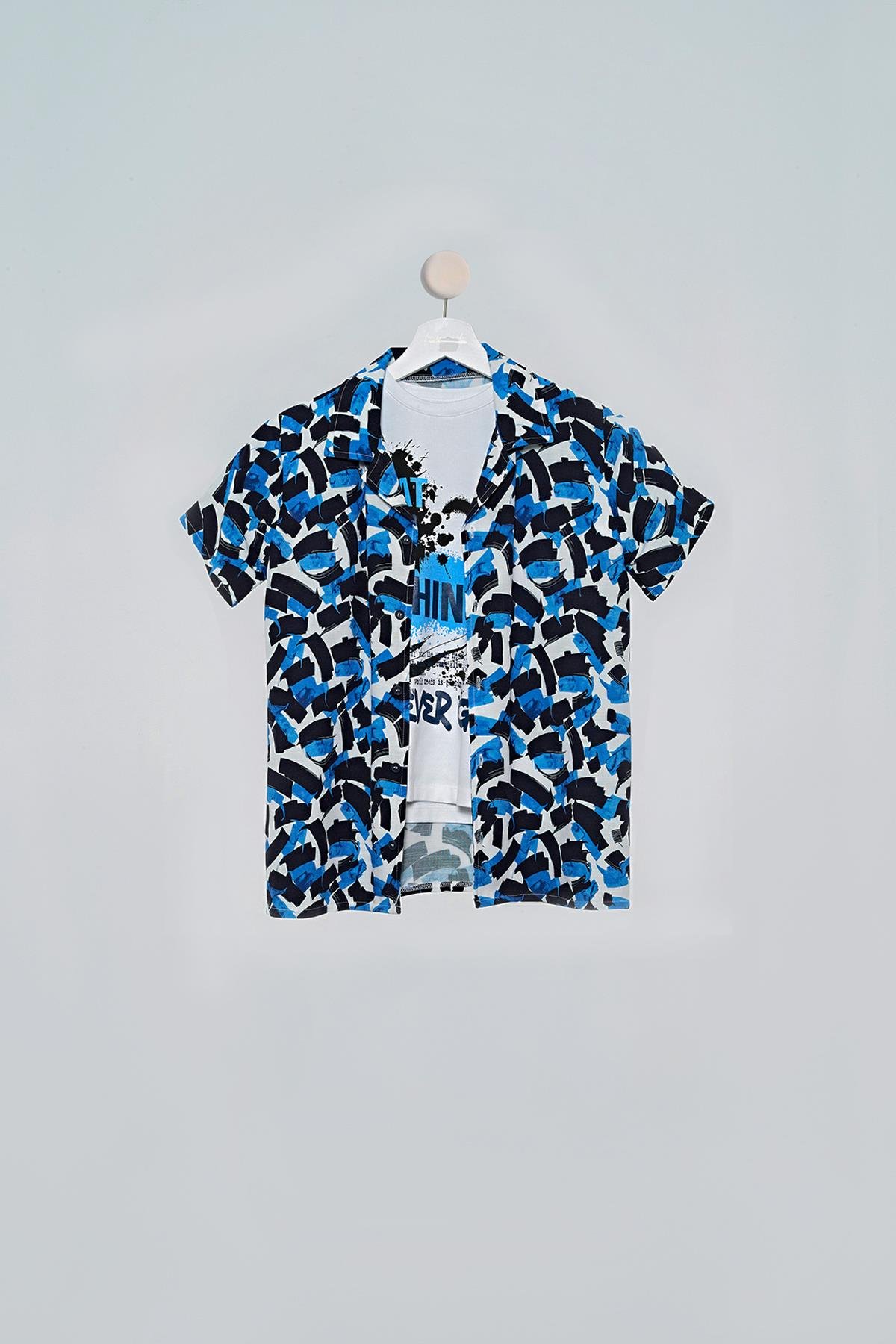 2'li Fırça Baskılı Gömlek Tshirt Sax Takım For You Kids 2'li Fırça Baskılı Gömlek Tshirt Saks Takım