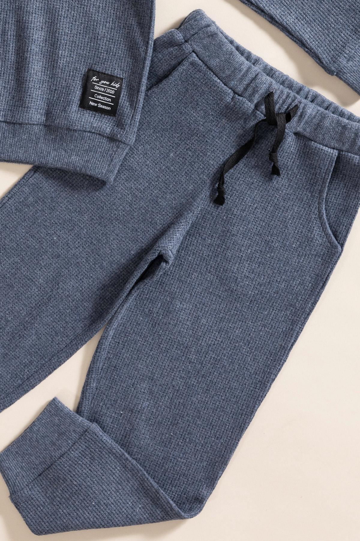 For You Kids 2'li Kapişonlu İndigo Waffle Sweat Jogger Alt Üst Takım For You Kids 2'li Kapişonlu İndigo Waffle Sweat Jogger Alt Üst Takım