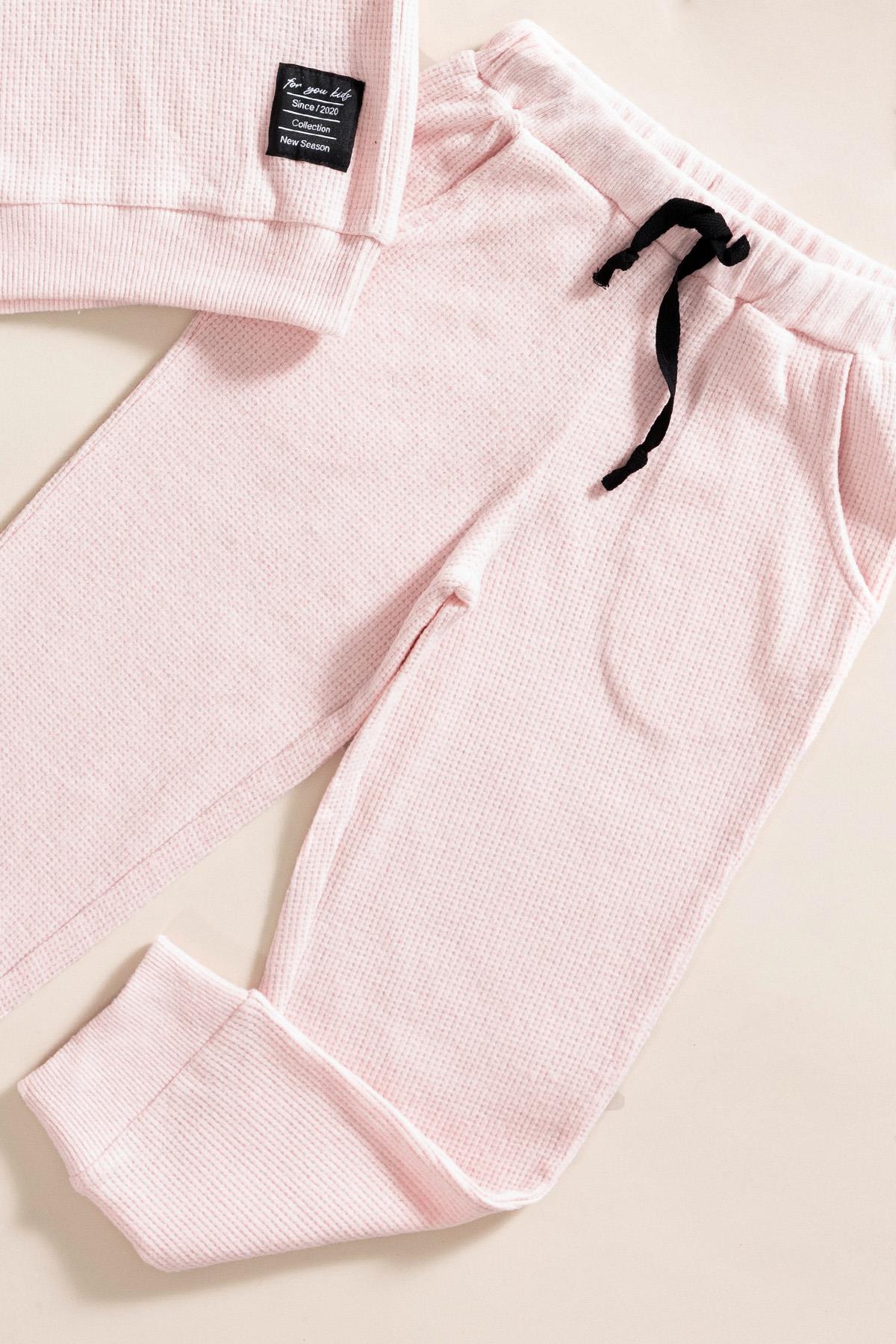 For You Kids 2'li Kapişonlu Pembe Waffle Sweat Jogger Alt Üst Takım For You Kids 2'li Kapişonlu Pembe Waffle Sweat Jogger Alt Üst Takım