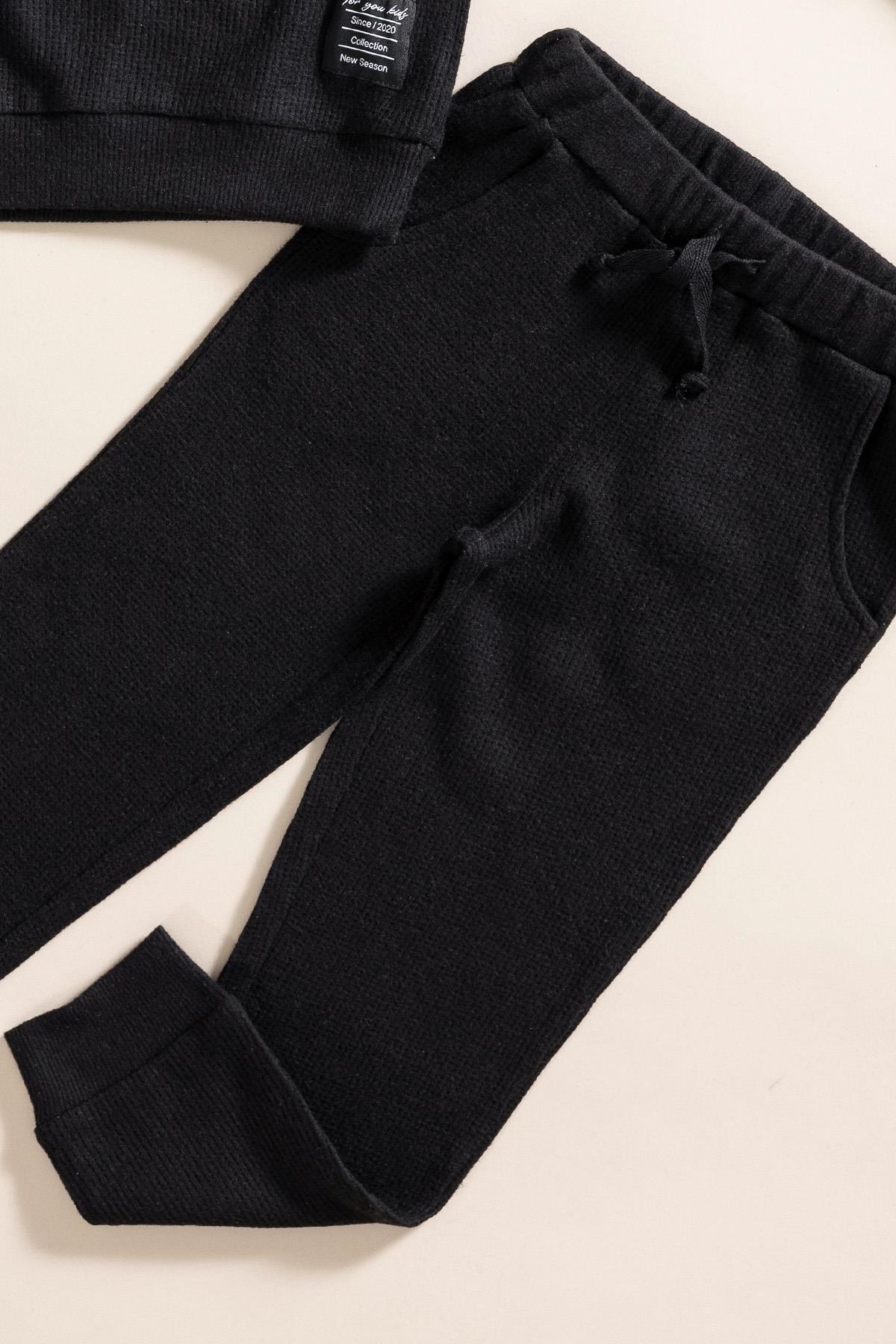 For You Kids 2'li Kapişonlu Siyah Waffle Sweat Jogger Alt Üst Takım For You Kids 2'li Kapişonlu Siyah Waffle Sweat Jogger Alt Üst Takım