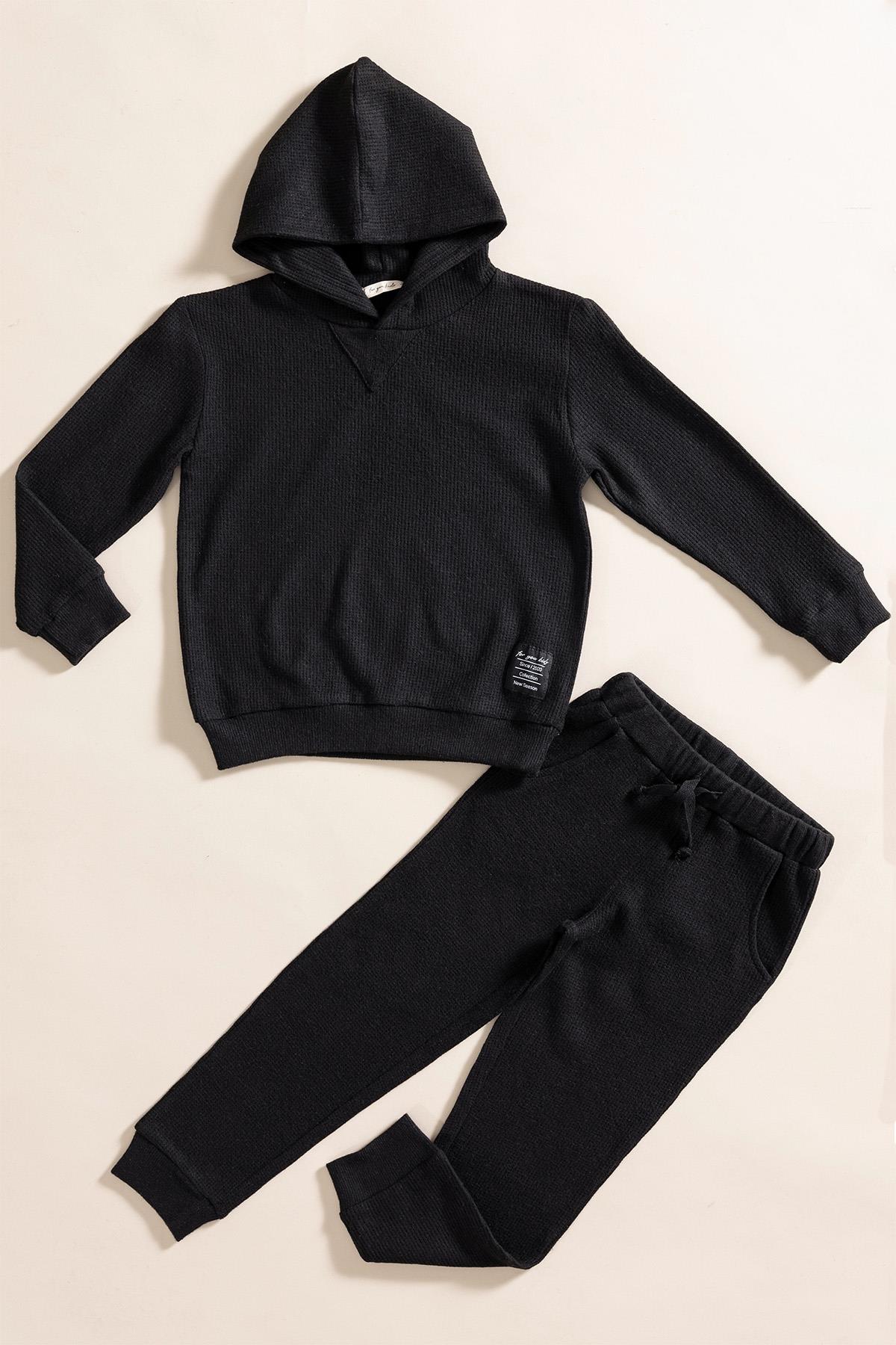 For You Kids 2'li Kapişonlu Siyah Waffle Sweat Jogger Alt Üst Takım For You Kids 2'li Kapişonlu Siyah Waffle Sweat Jogger Alt Üst Takım