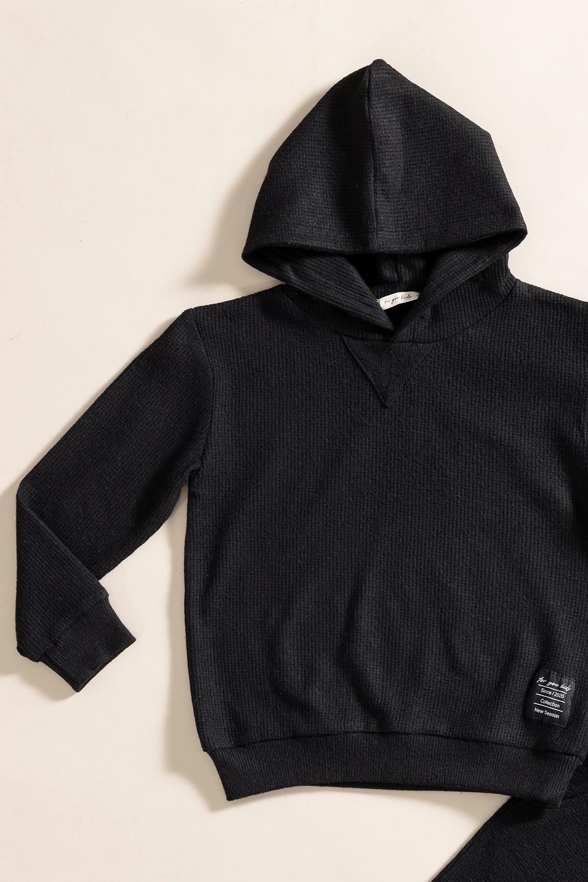 For You Kids 2'li Kapişonlu Siyah Waffle Sweat Jogger Alt Üst Takım For You Kids 2'li Kapişonlu Siyah Waffle Sweat Jogger Alt Üst Takım