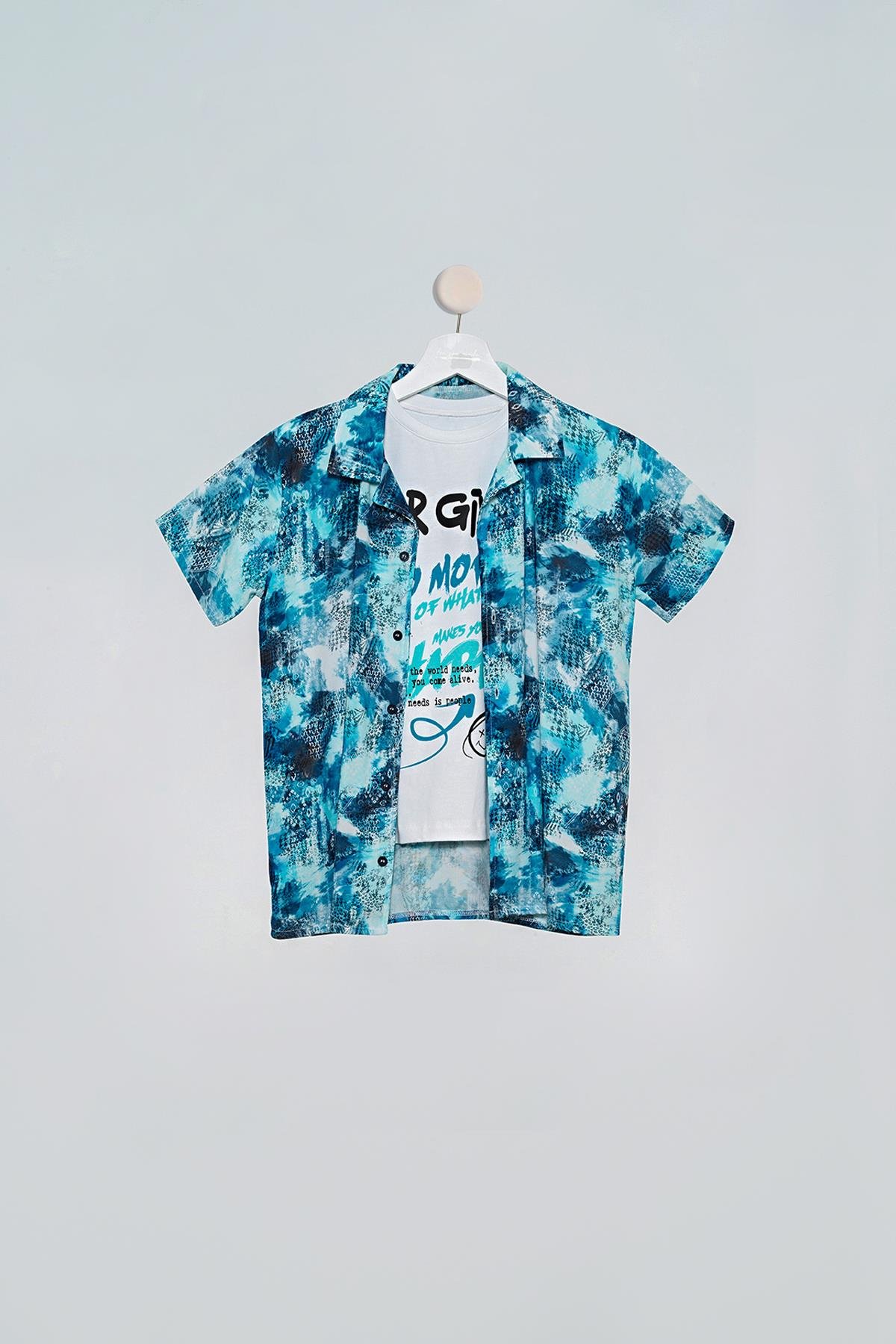 2'li Nokta Baskılı Gömlek Tshirt Sax Takım For You Kids 2'li Nokta Baskılı Gömlek Tshirt Saks Takım