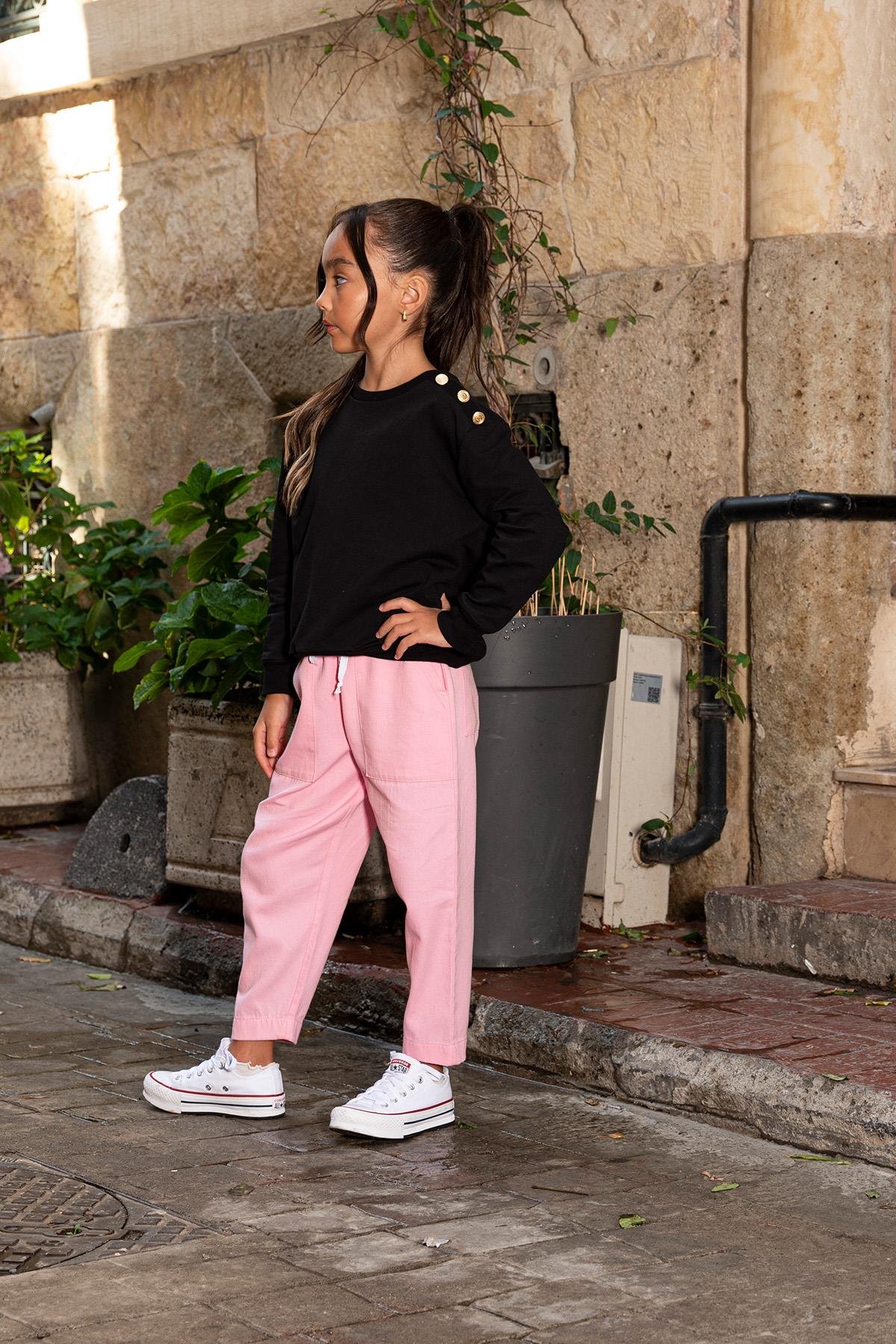 For You Kids 2'li Omuz Düğmeli Pembe Gabardin Pantolon Takım For You Kids 2'li Omuz Düğmeli Pembe Gabardin Pantolon Takım