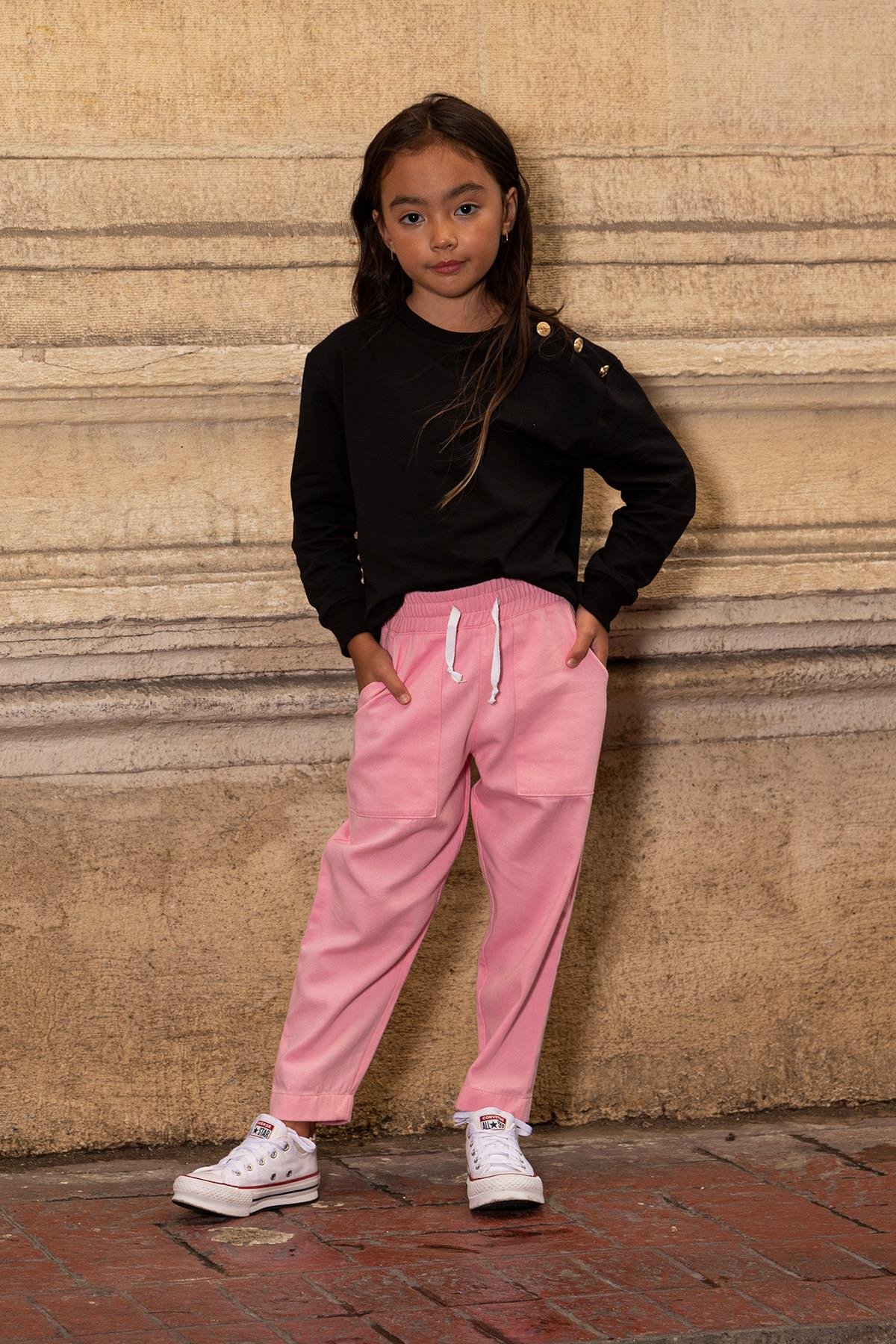 For You Kids 2'li Omuz Düğmeli Pembe Gabardin Pantolon Takım For You Kids 2'li Omuz Düğmeli Pembe Gabardin Pantolon Takım