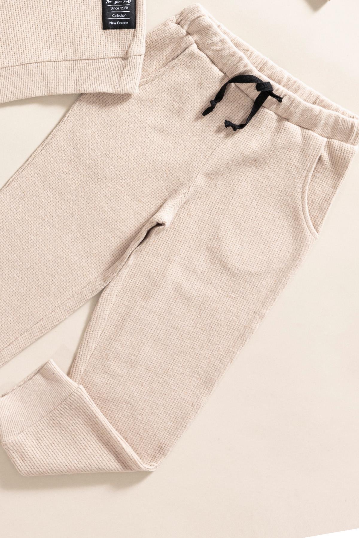 For You Kids 2'li Pamuk Waffle Sweat Jogger Taş Alt Üst Takım For You Kids 2'li Pamuk Waffle Sweat Jogger Taş Alt Üst Takım 