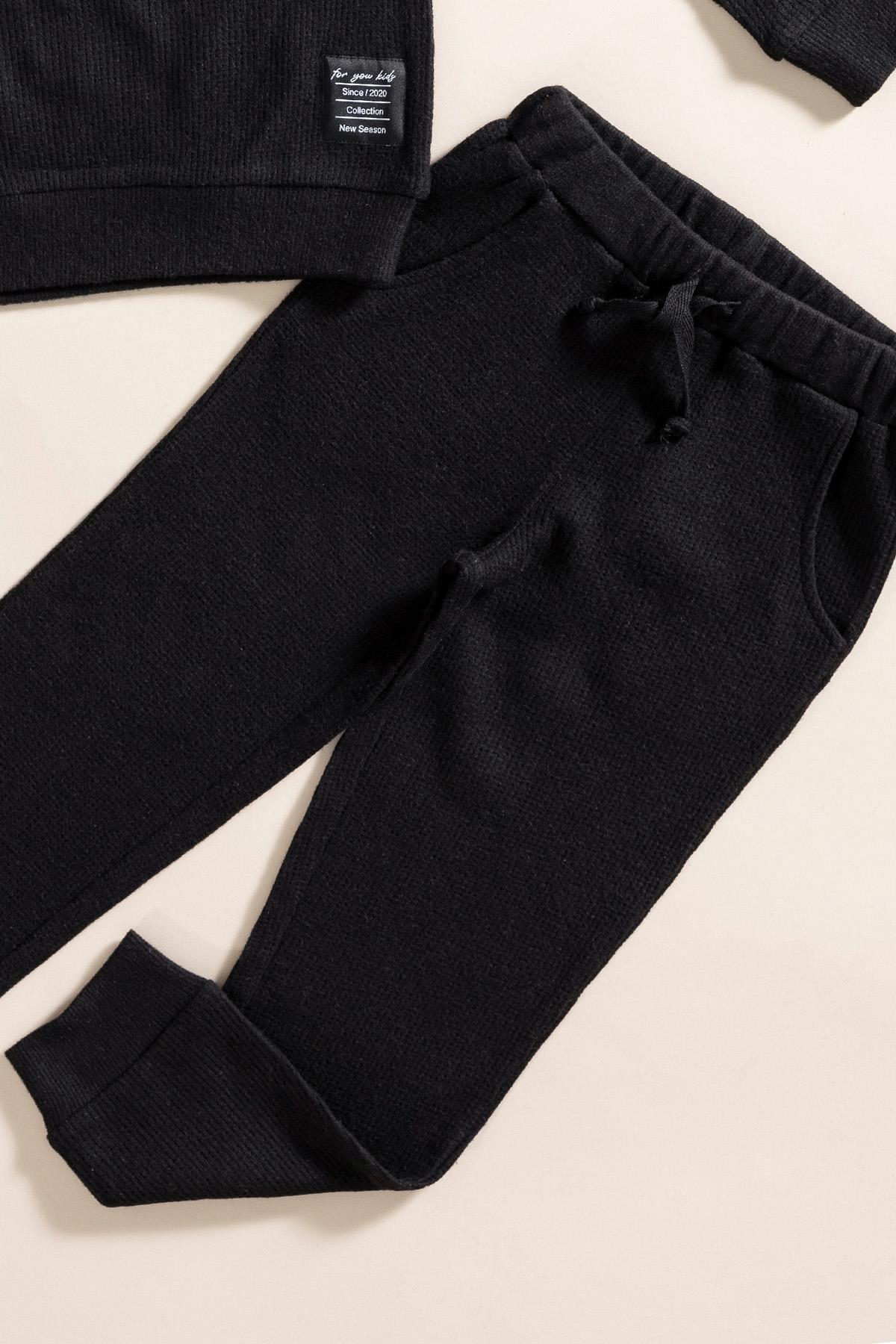 For You Kids 2'li Pamuk Waffle Sweat Jogger Siyah Alt Üst Takım For You Kids 2'li Pamuk Waffle Sweat Jogger Siyah Alt Üst Takım