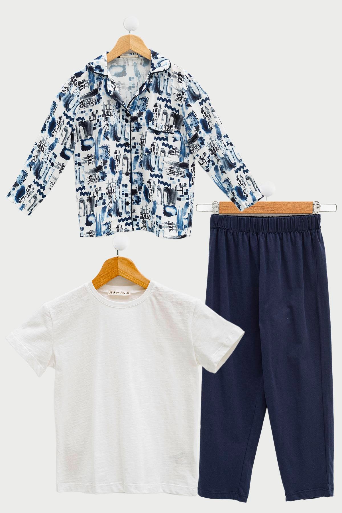 For You Kids 3'lü Ara Biyeli Tshirt Pantolon Ekru Pijama Takımı  For You Kids 3'lü Ara Biyeli Tshirt Pantolon Ekru Pijama Takımı 