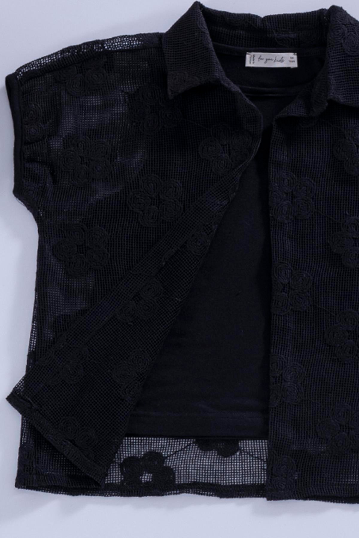 For You Kids 3'lü Çiçek Brodeli Siyah Gömlek Tshirt Pantolon Takım For You Kids 3'lü Çiçek Brodeli Siyah Gömlek Tshirt Pantolon Takım