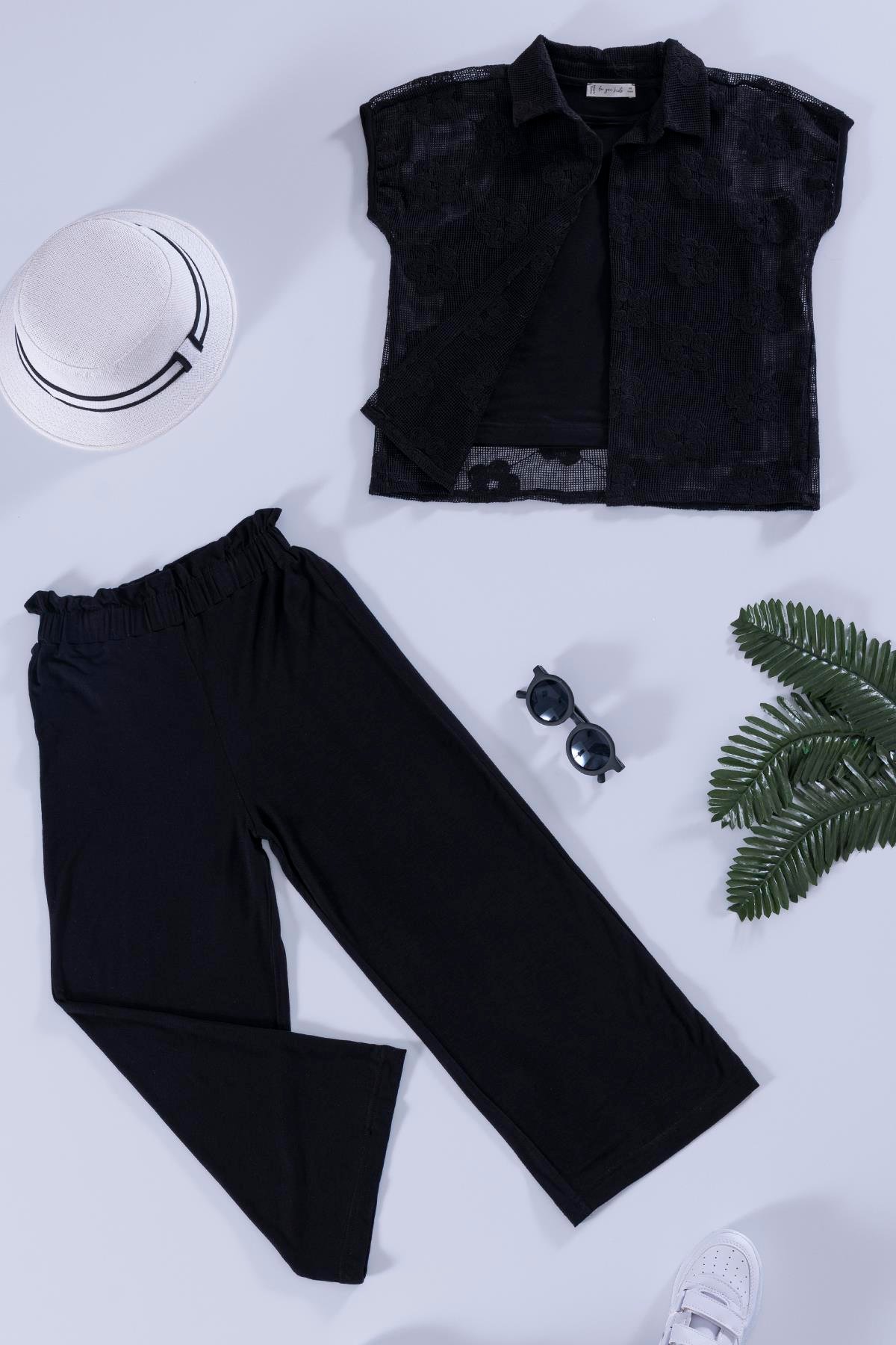 For You Kids 3'lü Çiçek Brodeli Siyah Gömlek Tshirt Pantolon Takım For You Kids 3'lü Çiçek Brodeli Siyah Gömlek Tshirt Pantolon Takım