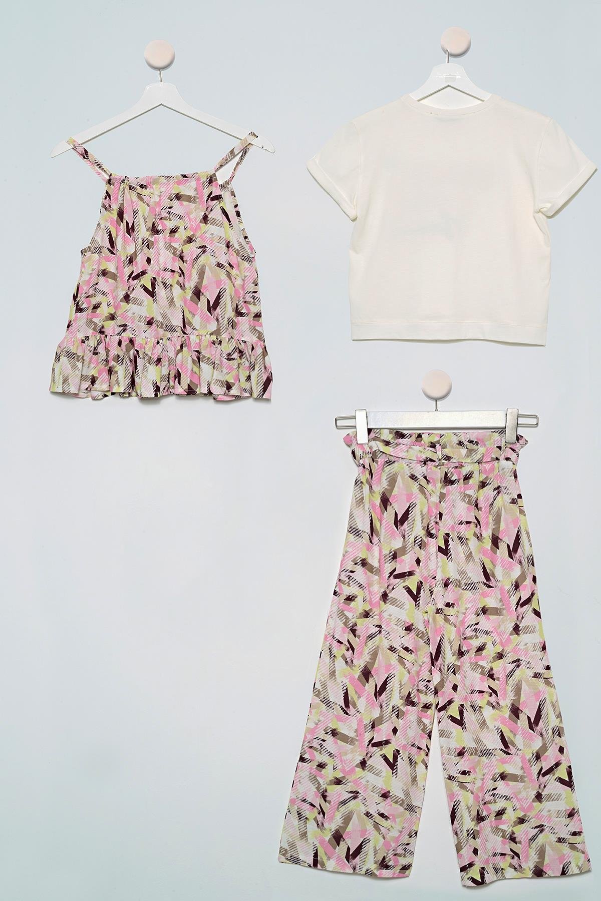 3'lü Desenli Bluz Tshirt Pantolon Ekru Takım For You Kids 3'lü Desenli Bluz Tshirt Pantolon Ekru Takım