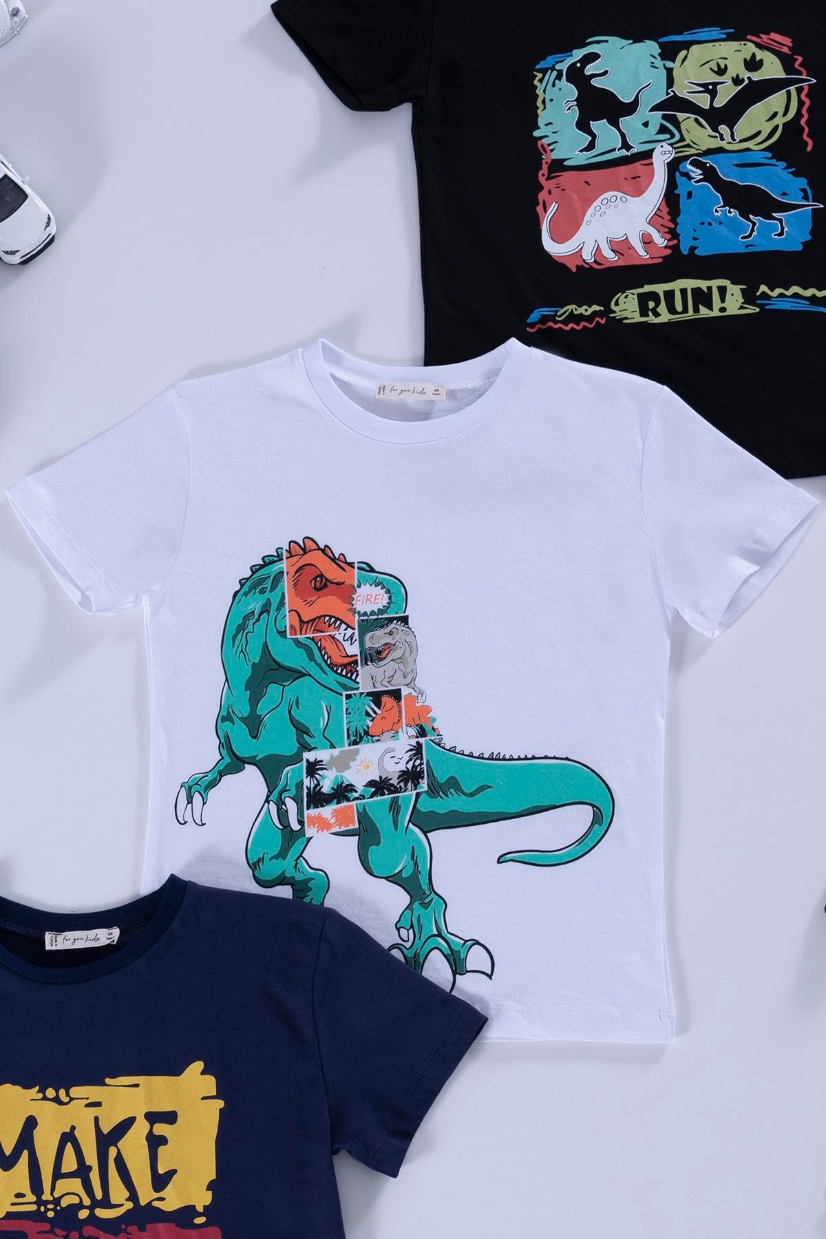 For You Kids 3'lü Dinazor Baskılı Siyah Lacivert Beyaz Tshirt For You Kids 3'lü Dinazor Baskılı Siyah Lacivert Beyaz Tshirt