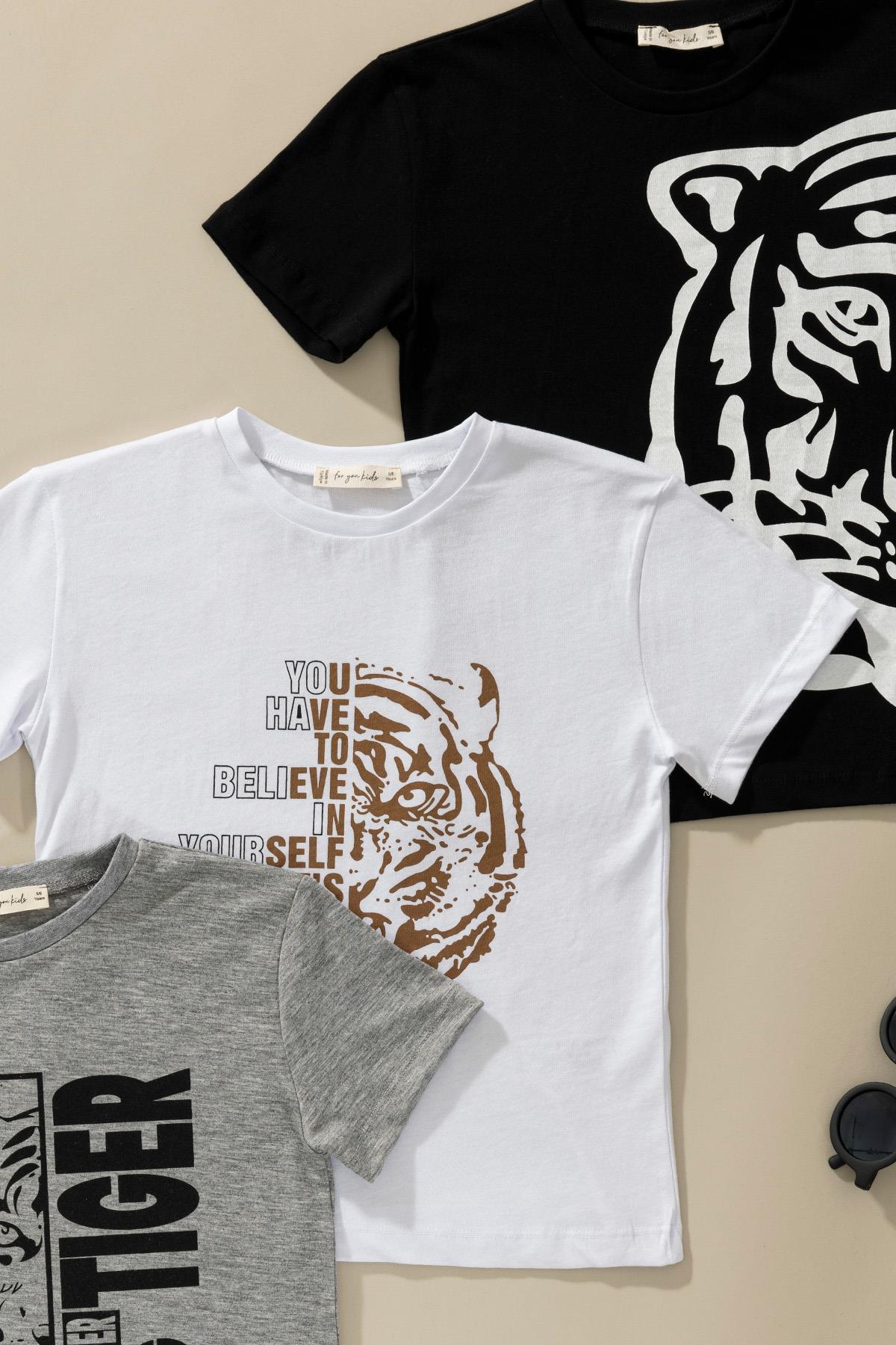 For You Kids 3'lü Kaplan Baskılı Siyah Beyaz Gri Tshirt For You Kids 3'lü Kaplan Baskılı Siyah Beyaz Gri Tshirt