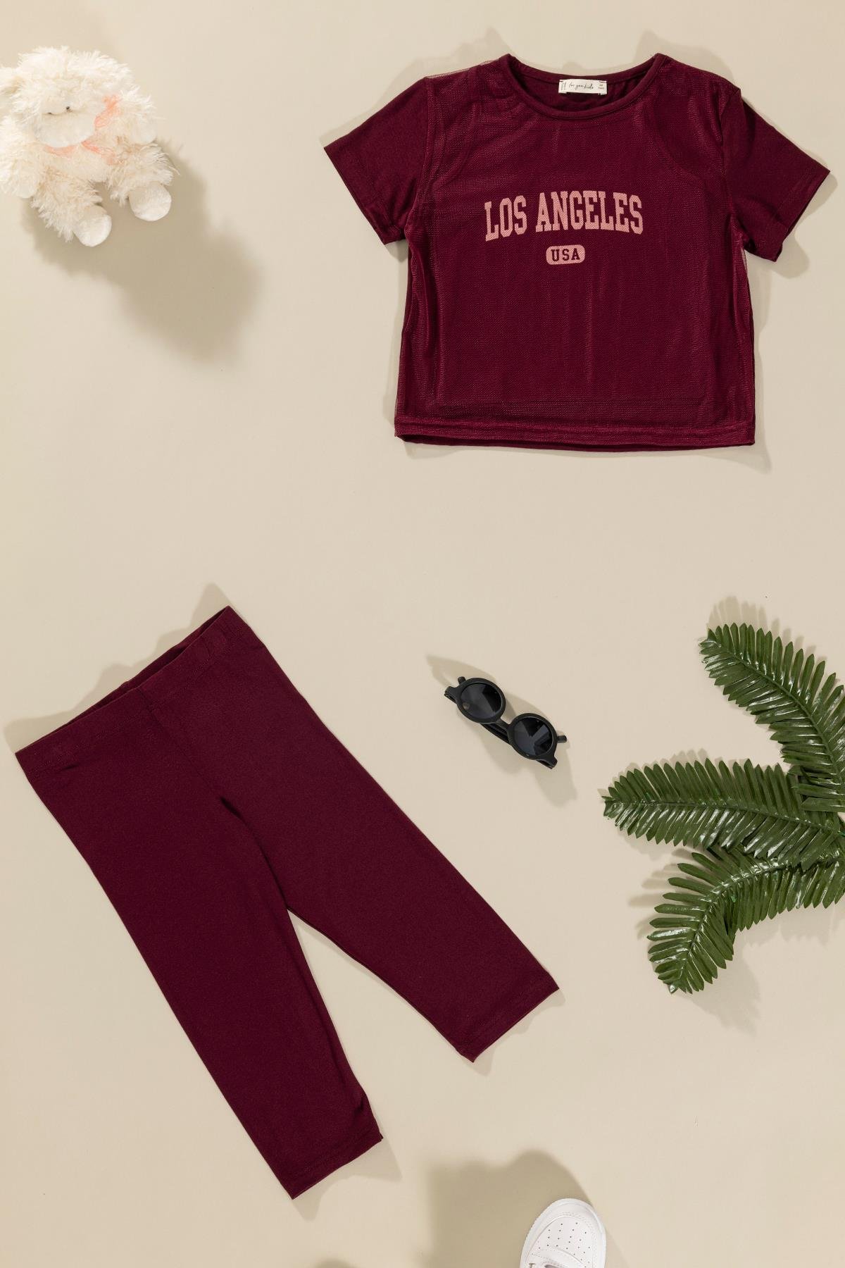 For You Kids 3'lü Los Angeles Baskılı Tshirt Atlet Tayt Bordo Takım For You Kids 3'lü Los Angeles Baskılı Tshirt Atlet Tayt Bordo Takım