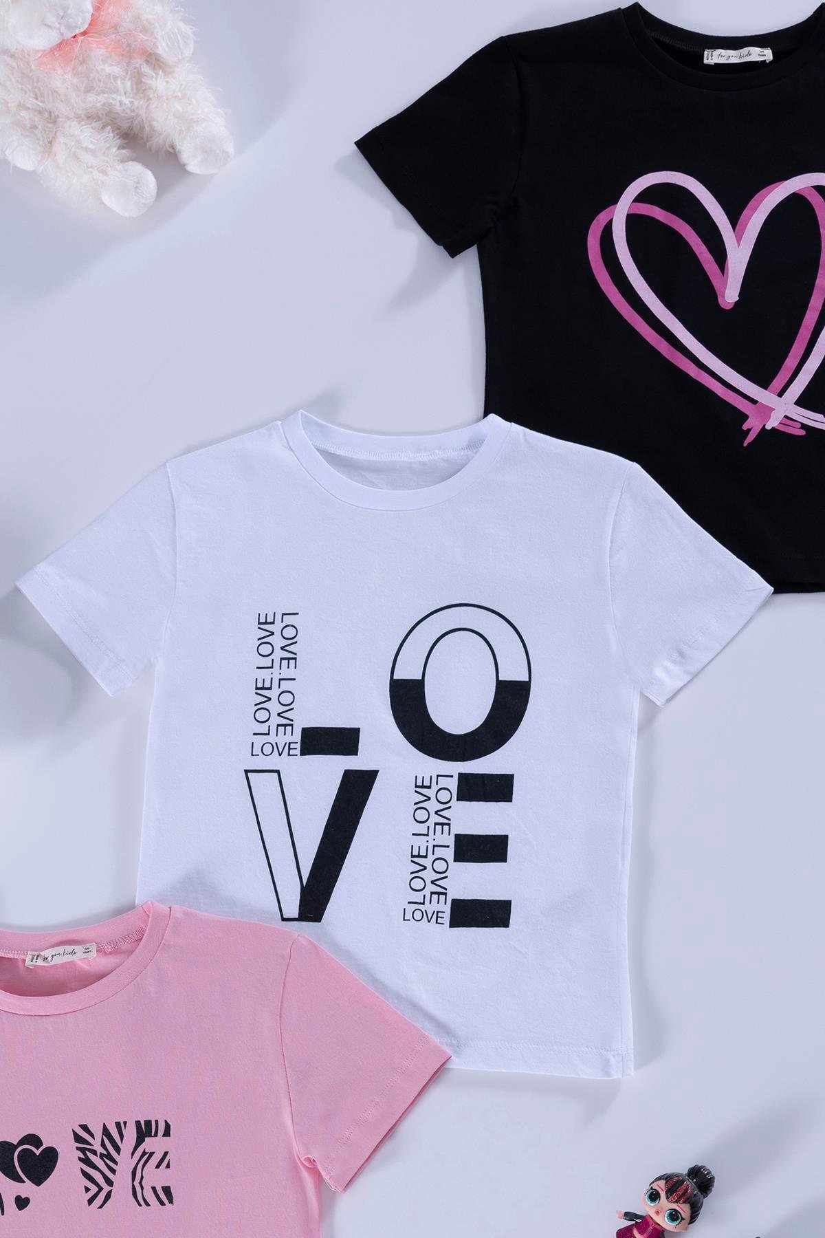 For You Kids 3'lü Love Baskılı Siyah Pembe Beyaz Tshirt For You Kids 3'lü Love Baskılı Siyah Pembe Beyaz Tshirt
