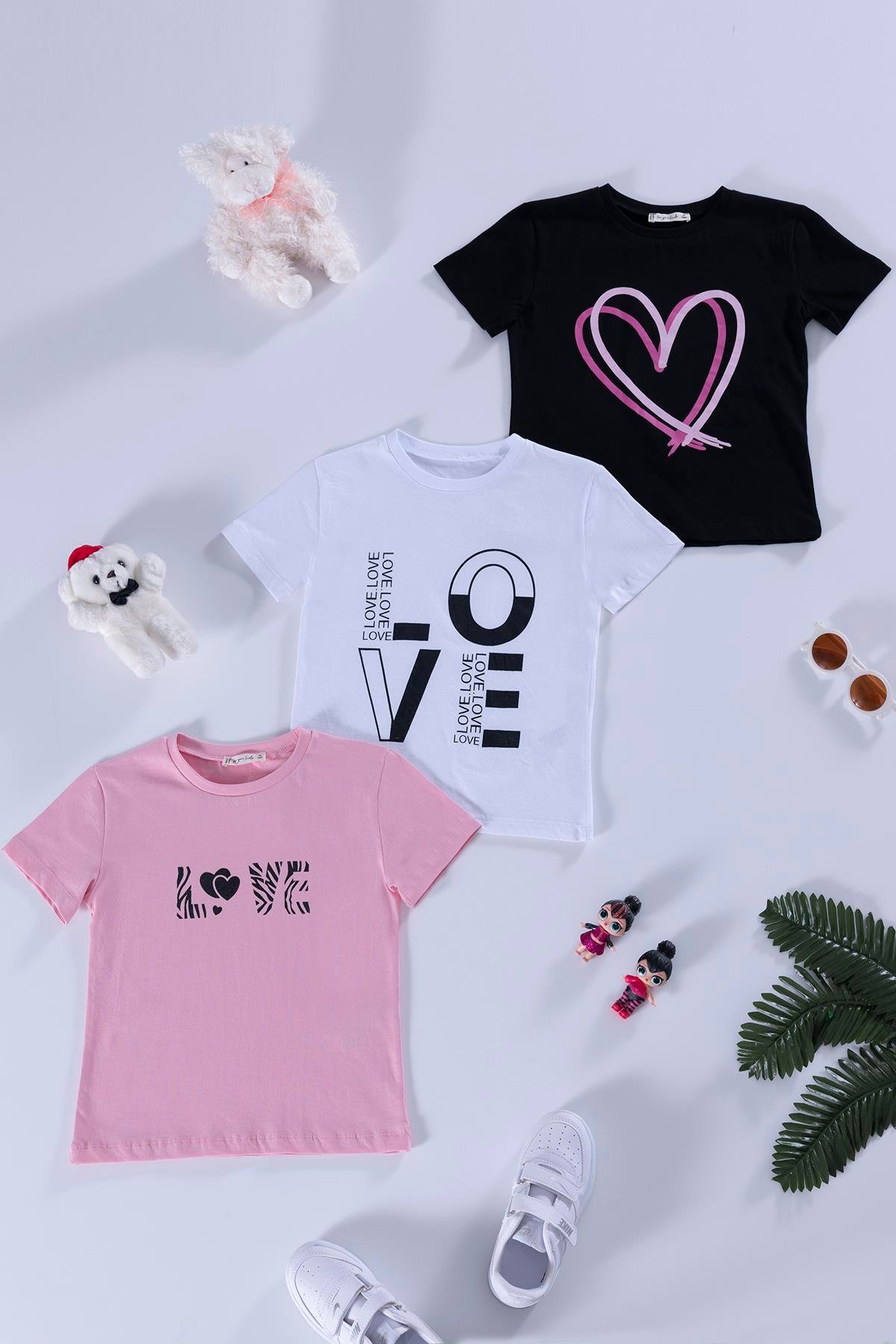 For You Kids 3'lü Love Baskılı Siyah Pembe Beyaz Tshirt For You Kids 3'lü Love Baskılı Siyah Pembe Beyaz Tshirt