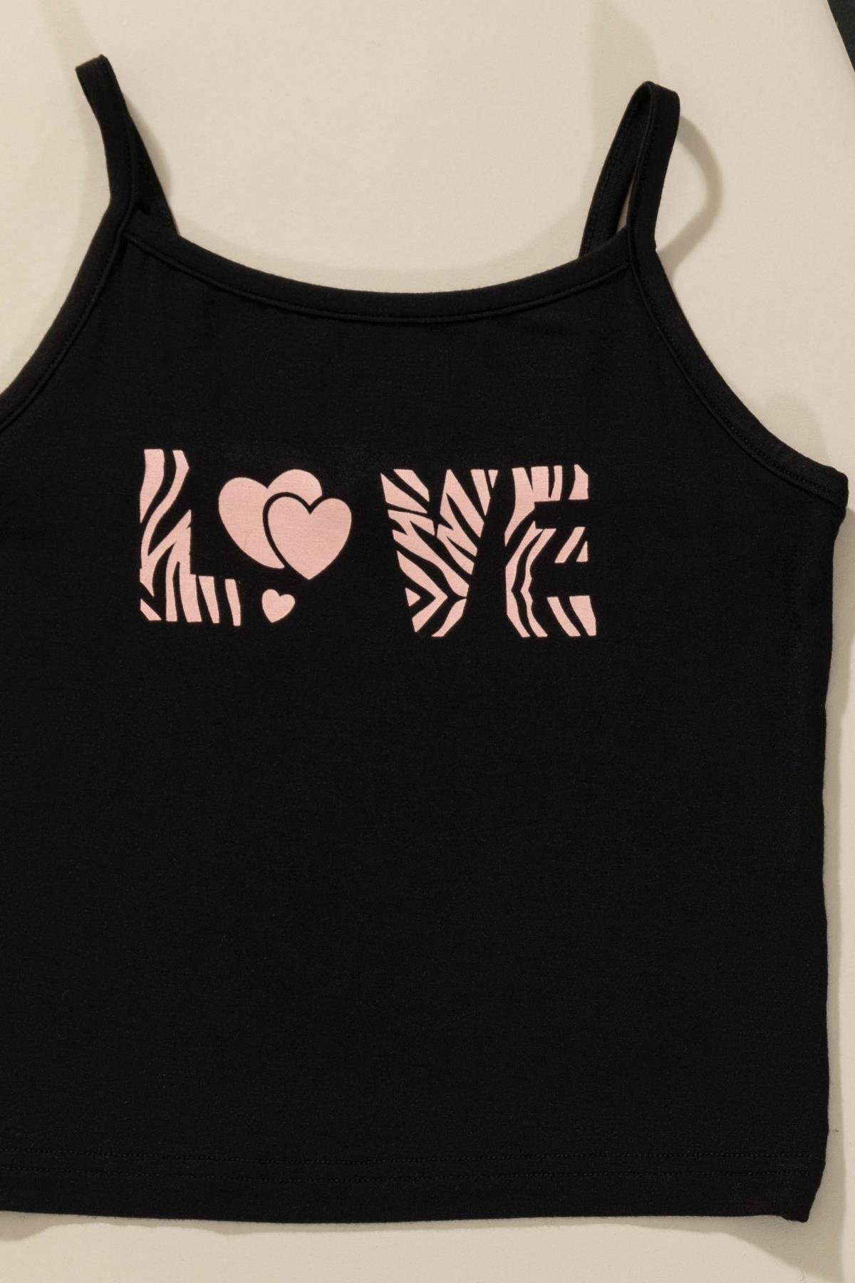 For You Kids 3'lü Love Baskılı Tshirt Atlet Tayt Siyah Takım  For You Kids 3'lü Love Baskılı Tshirt Atlet Tayt Siyah Takım