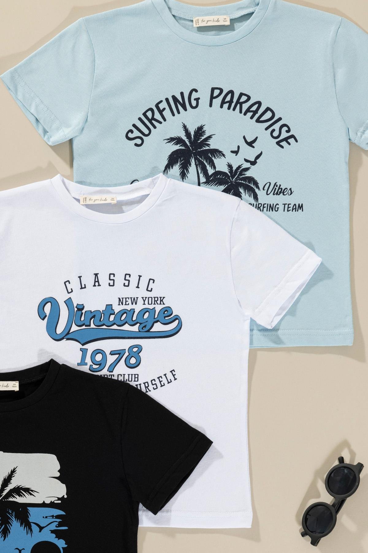 For You Kids 3'lü Safari Baskılı Siyah Beyaz Mavi Tshirt For You Kids 3'lü Safari Baskılı Siyah Beyaz Mavi Tshirt