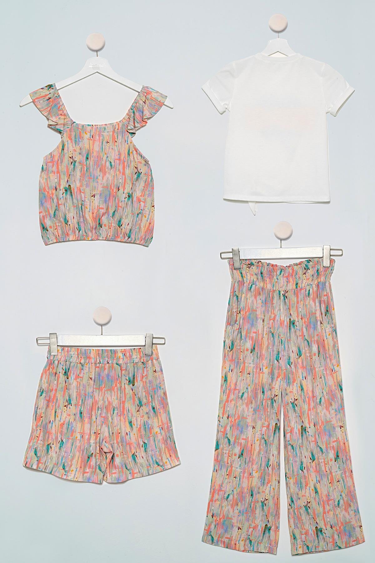 4'lü Desenli Bluz Tshirt Pantolon Şort Ekru Takım For You Kids 4'lü Desenli Bluz Tshirt Pantolon Şort Ekru Takım