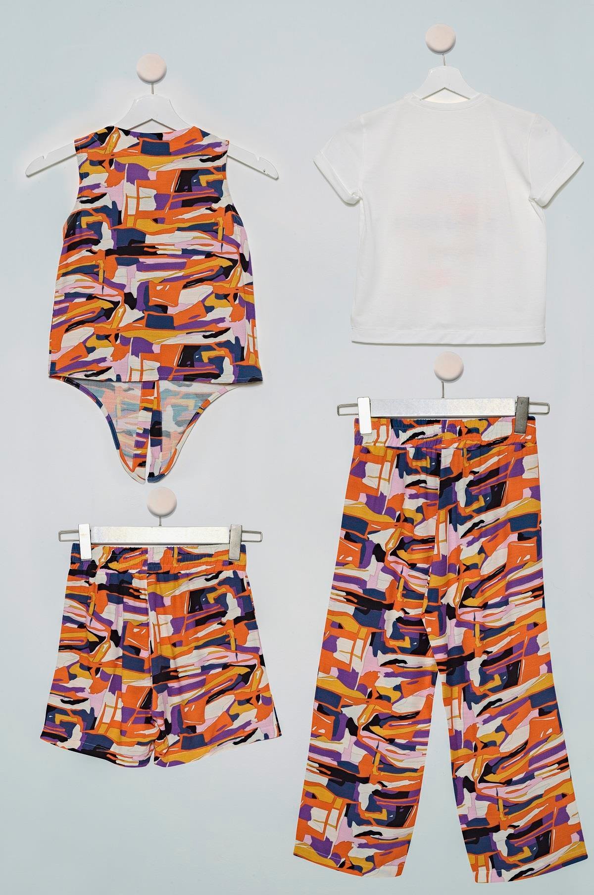 4'lü Desenli Gömlek Tshirt Pantolon Şort Lila Takım For You Kids 4'lü Desenli Gömlek Tshirt Pantolon Şort Lila Takım