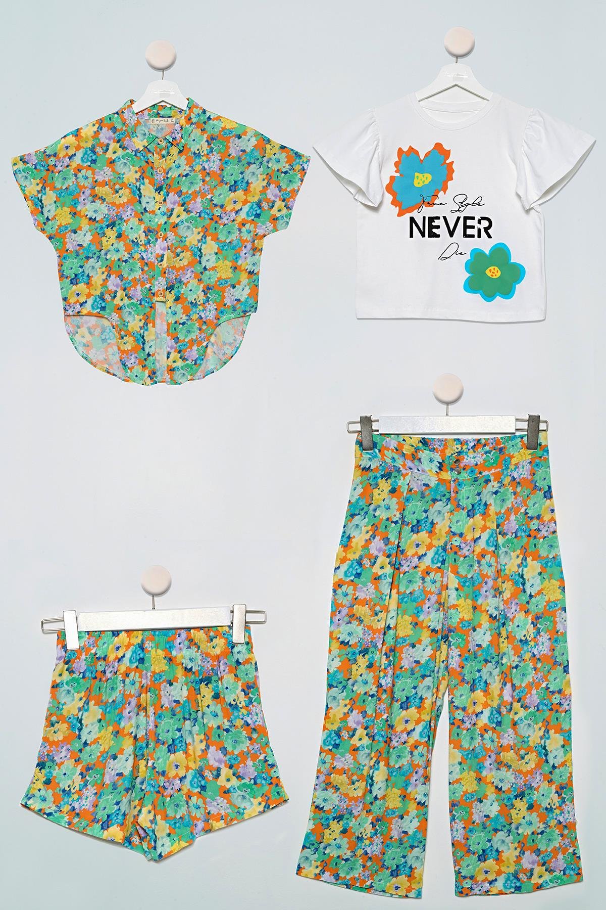 4'lü Desenli Gömlek Tshirt Pantolon Şort Yeşil Takım For You Kids 4'lü Desenli Gömlek Tshirt Pantolon Şort Yeşil Takım