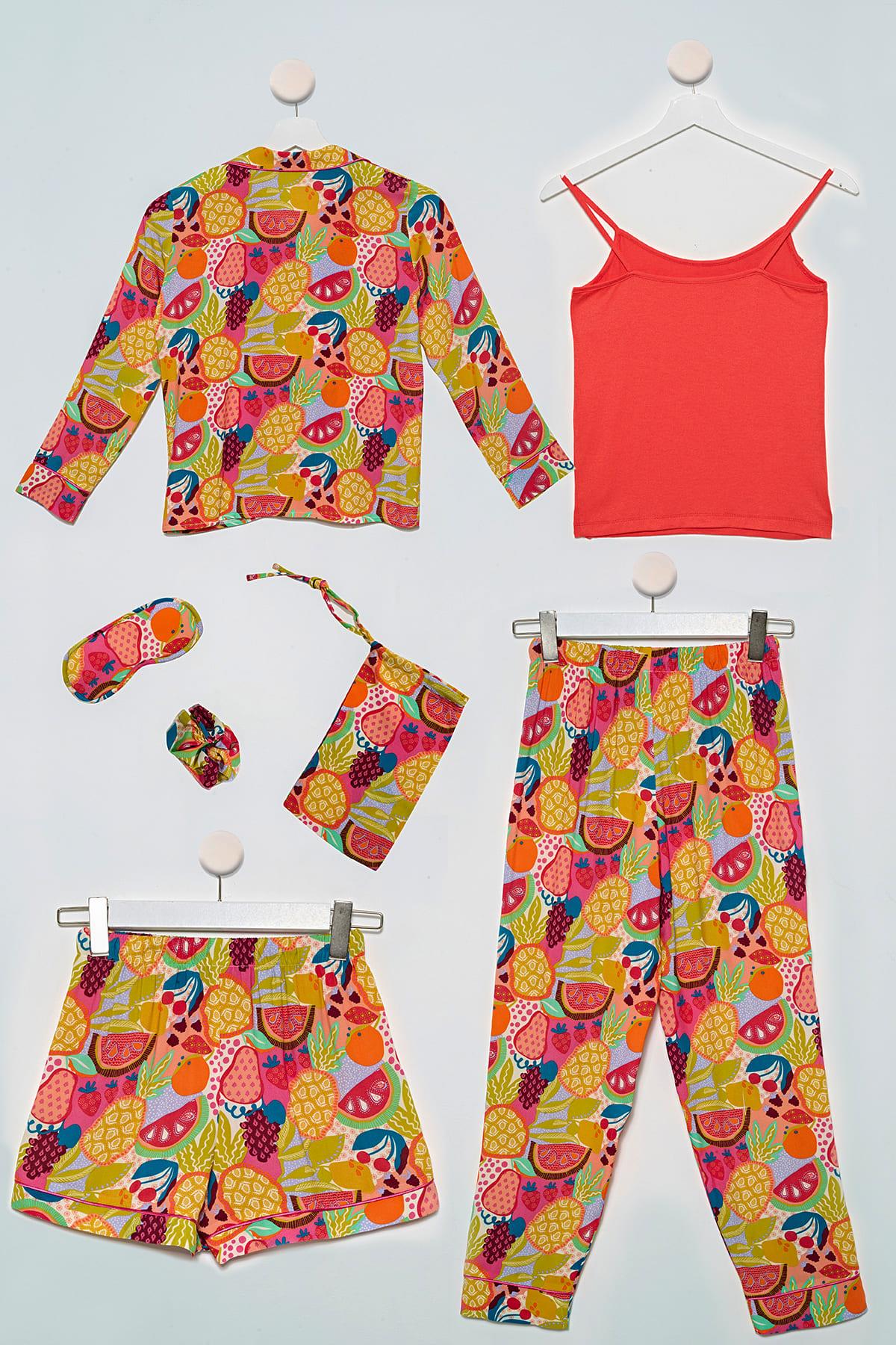 7'li  Biyeli Tropikal Desen Turuncu Pijama Takımı   For You Kids 7'li  Biyeli Tropikal Desen Turuncu Pijama Takımı  