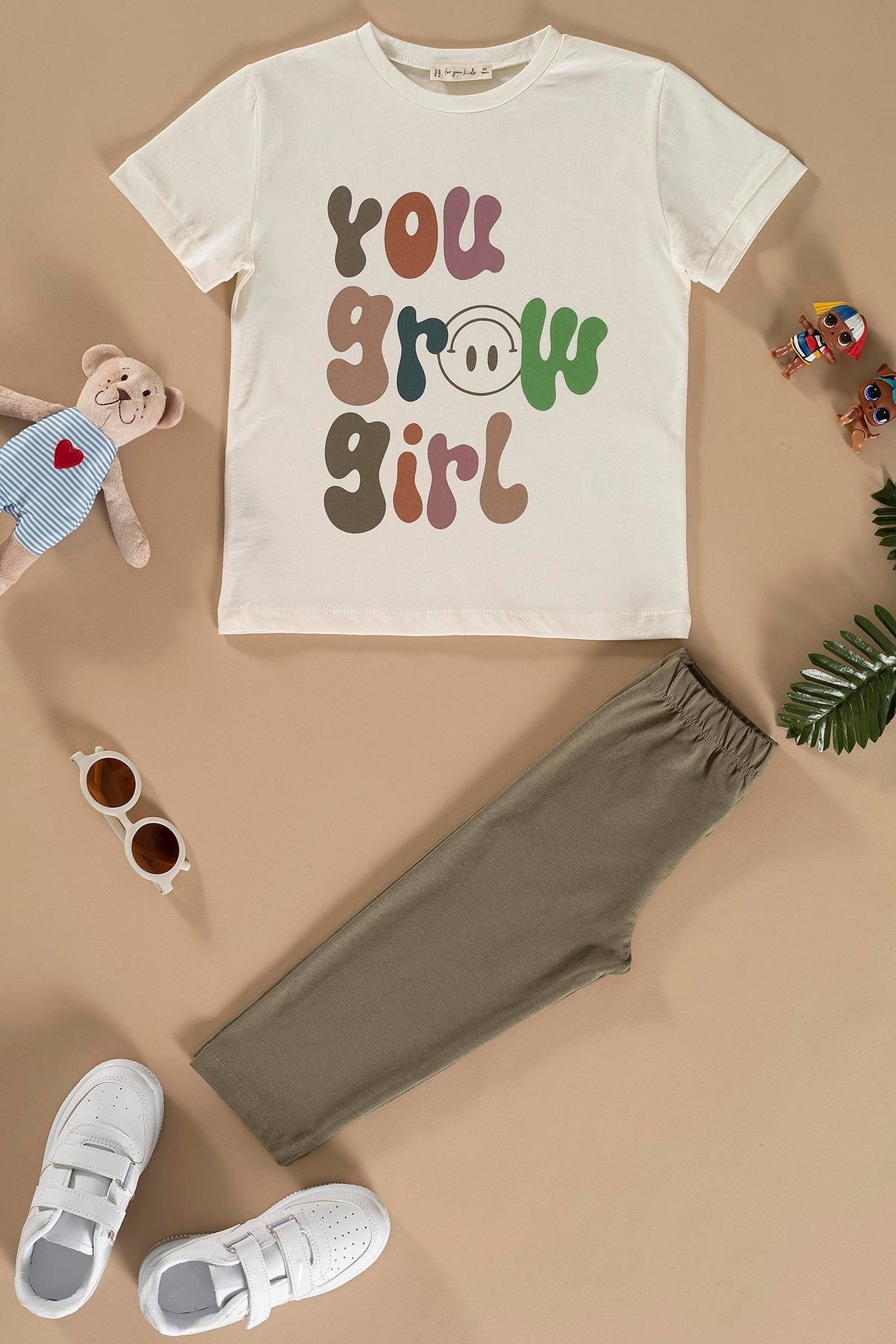 For You Kids Baskılı Tshirt Tayt Haki Alt Üst Takım For You Kids Baskılı Tshirt Tayt Haki Alt Üst Takım