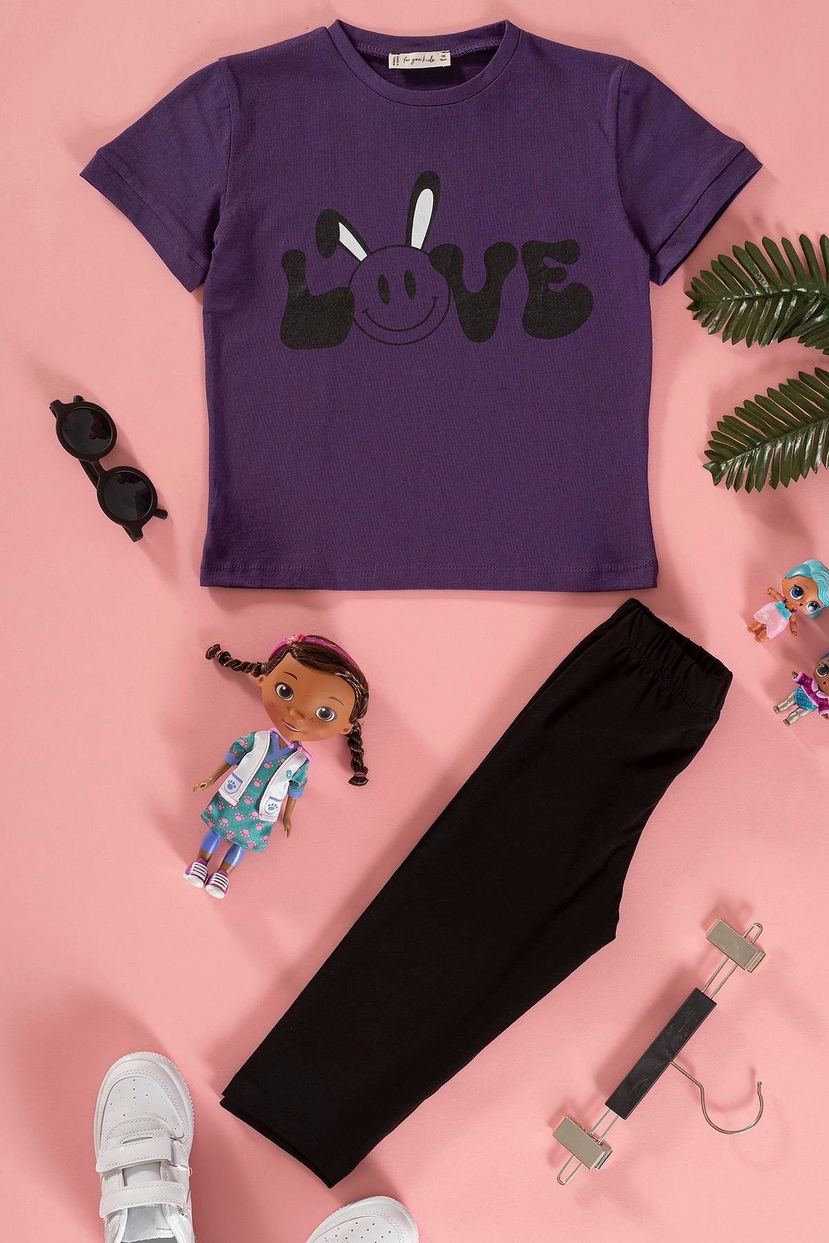 For You Kids Baskılı Tshirt Tayt Siyah Alt Üst Takım For You Kids Baskılı Tshirt Tayt Siyah Alt Üst Takım