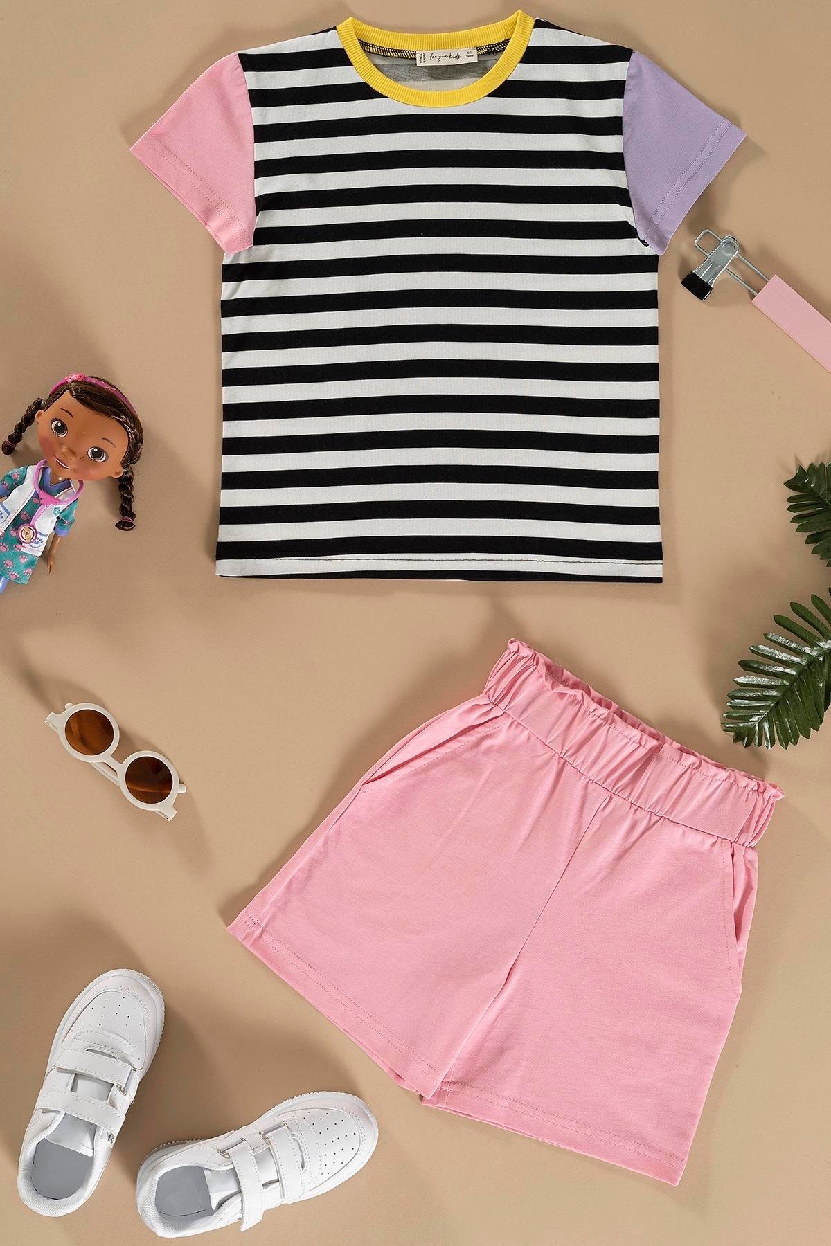 For You Kids Çizgili Garni Detaylı Pembe Alt Üst Takım For You Kids Çizgili Garni Detaylı Pembe Alt Üst Takım