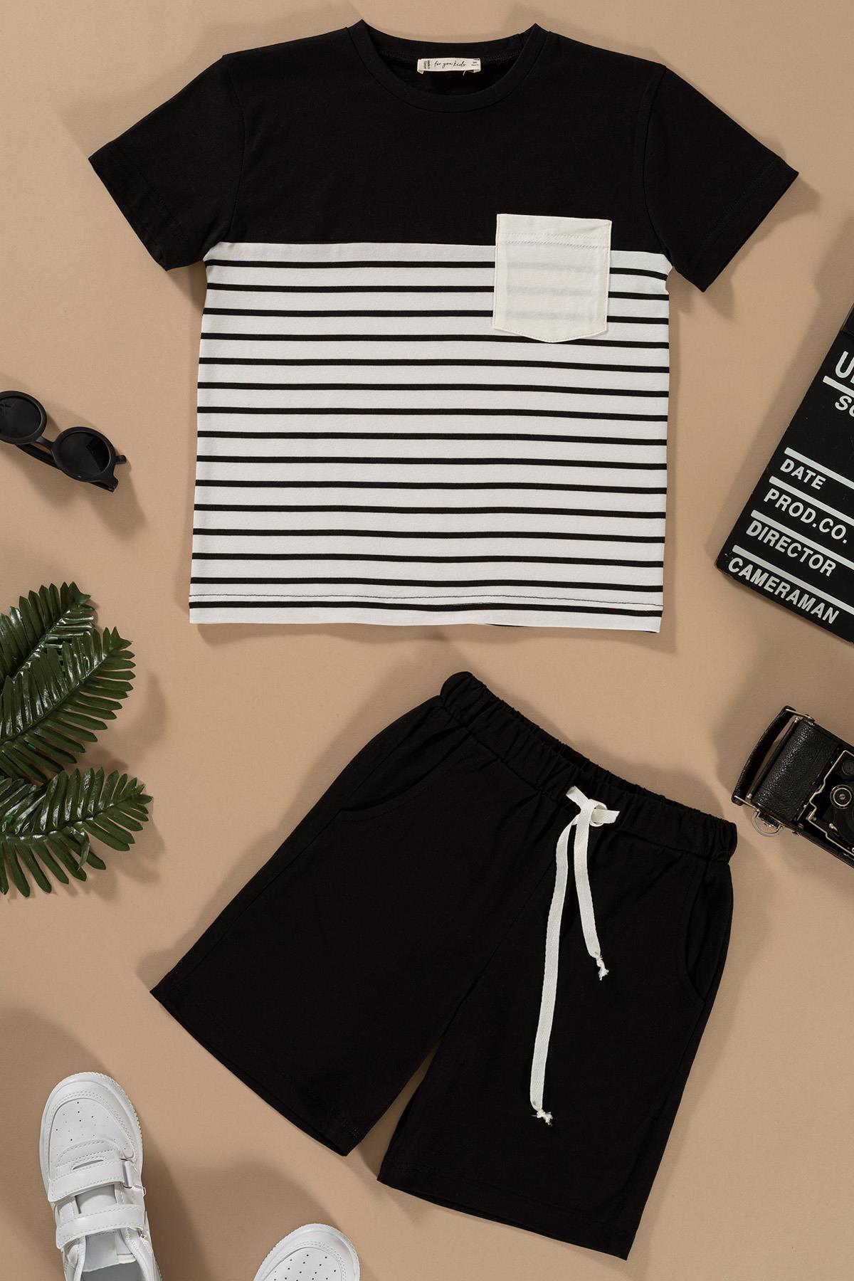 For You Kids Çizgili Garnili Cepli Siyah Tshirt Şort Takım For You Kids Çizgili Garnili Cepli Siyah Tshirt Şort Takım