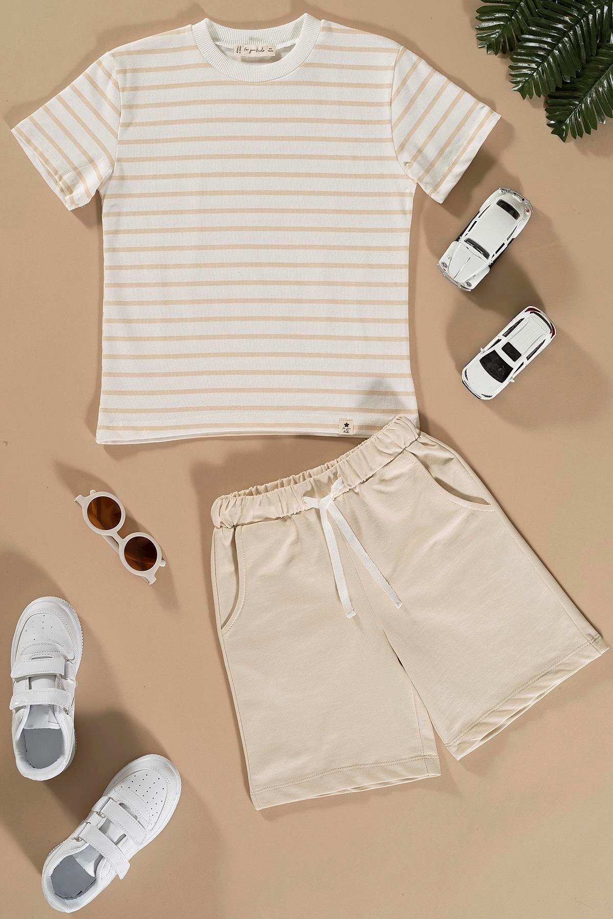 Çizgili Taş Tshirt Şort Takım  For You Kids Çizgili Taş Tshirt Şort Takım 