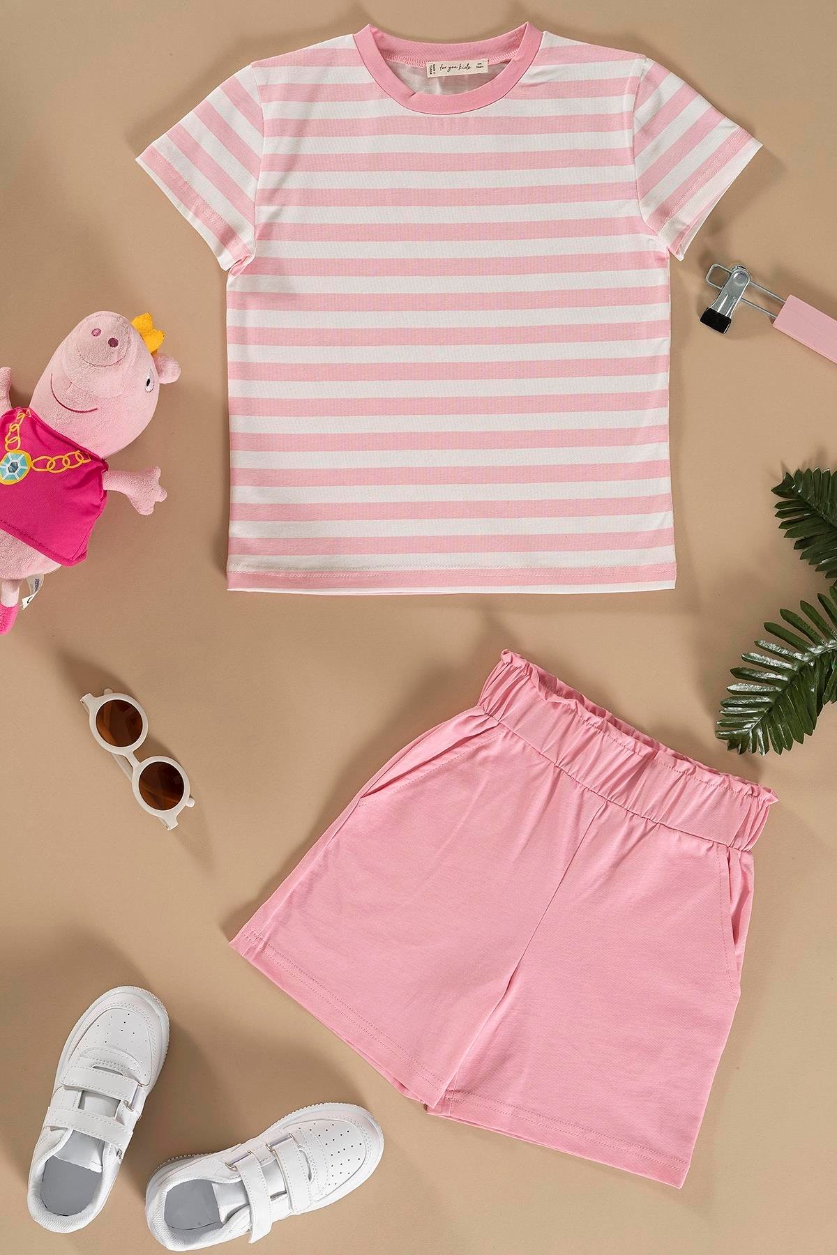 For You Kids Çizgili Tshirt Şort Pembe Takım For You Kids Çizgili Tshirt Şort Pembe Takım