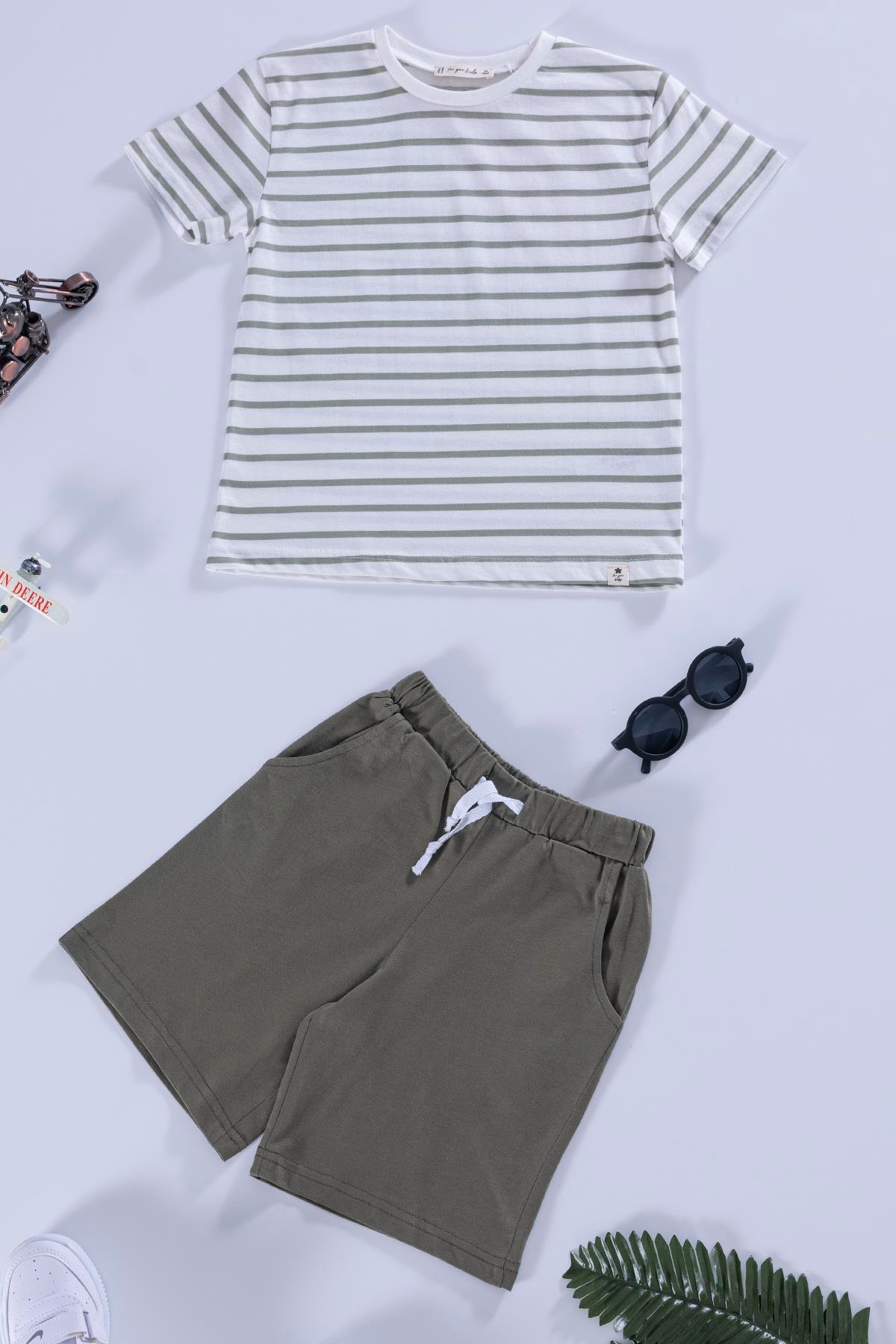 For You Kids Çizgili Tshirt Şort Yeşil Takım For You Kids Çizgili Tshirt Şort Yeşil Takım