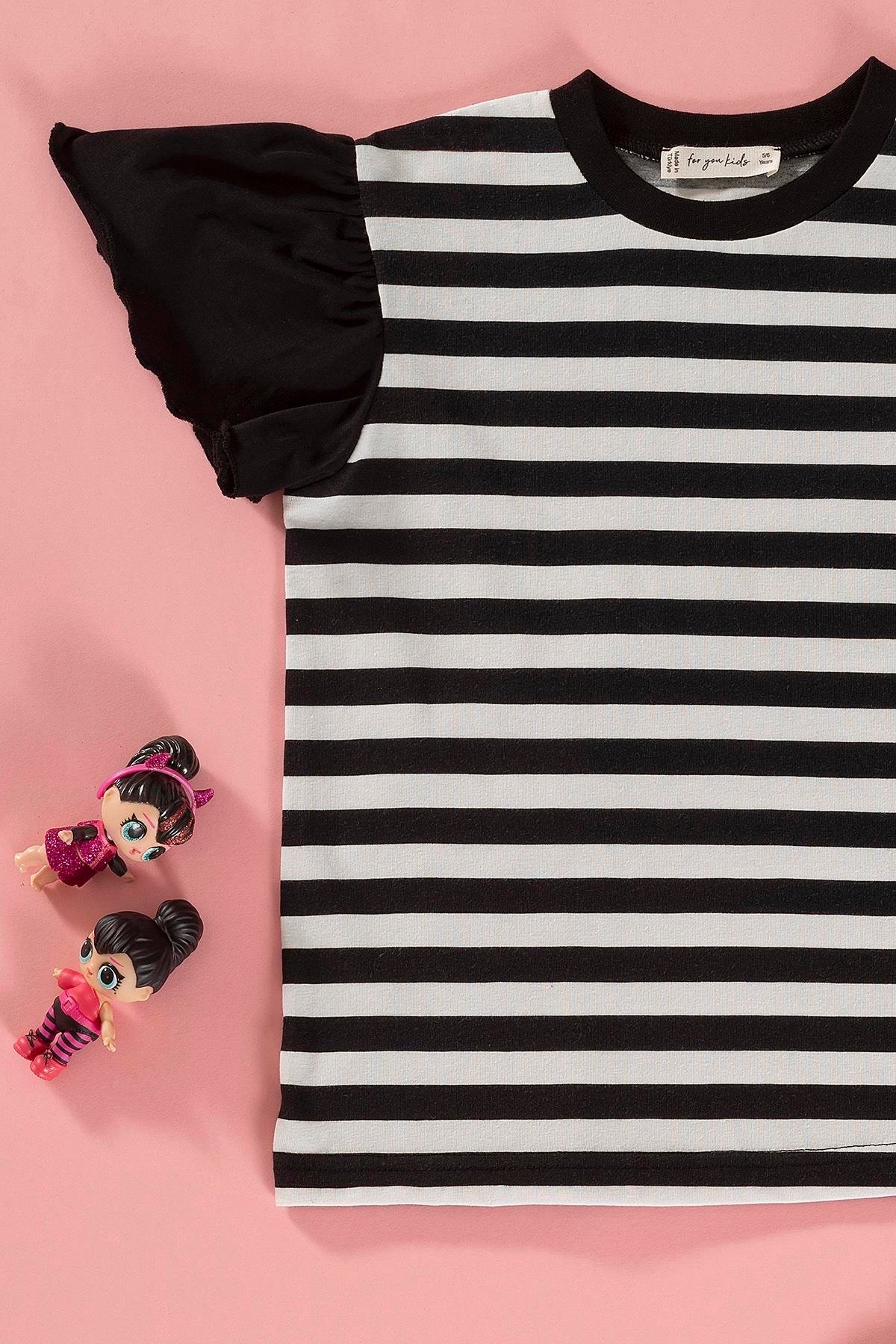 For You Kids Çizgili Volanlı Kol Tshirt Şort Siyah Takım For You Kids Çizgili Volanlı Kol Tshirt Şort Siyah Takım