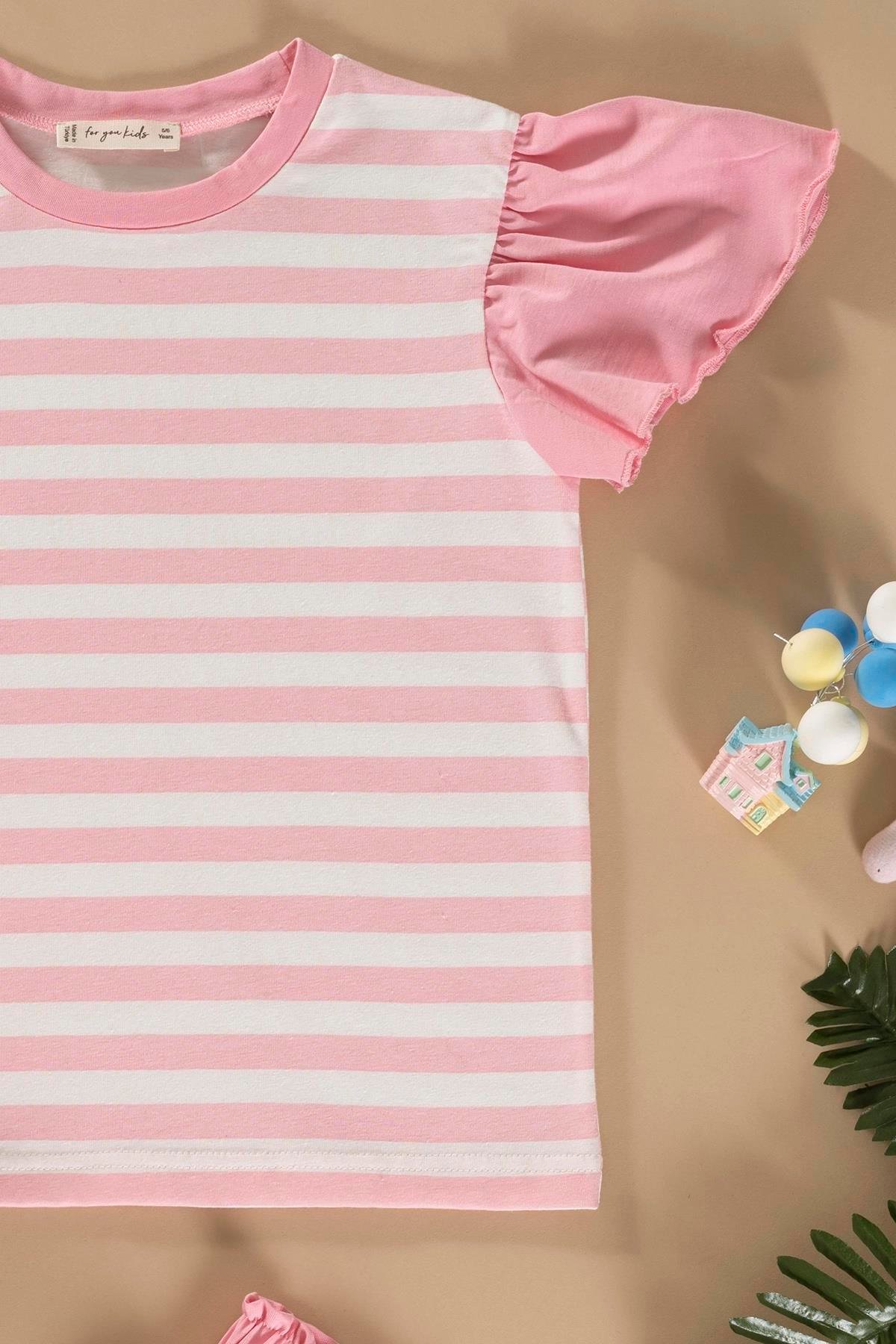 For You Kids Çizgili Volanlı Kol Tshirt Şort Pembe Takım For You Kids Çizgili Volanlı Kol Tshirt Şort Pembe Takım